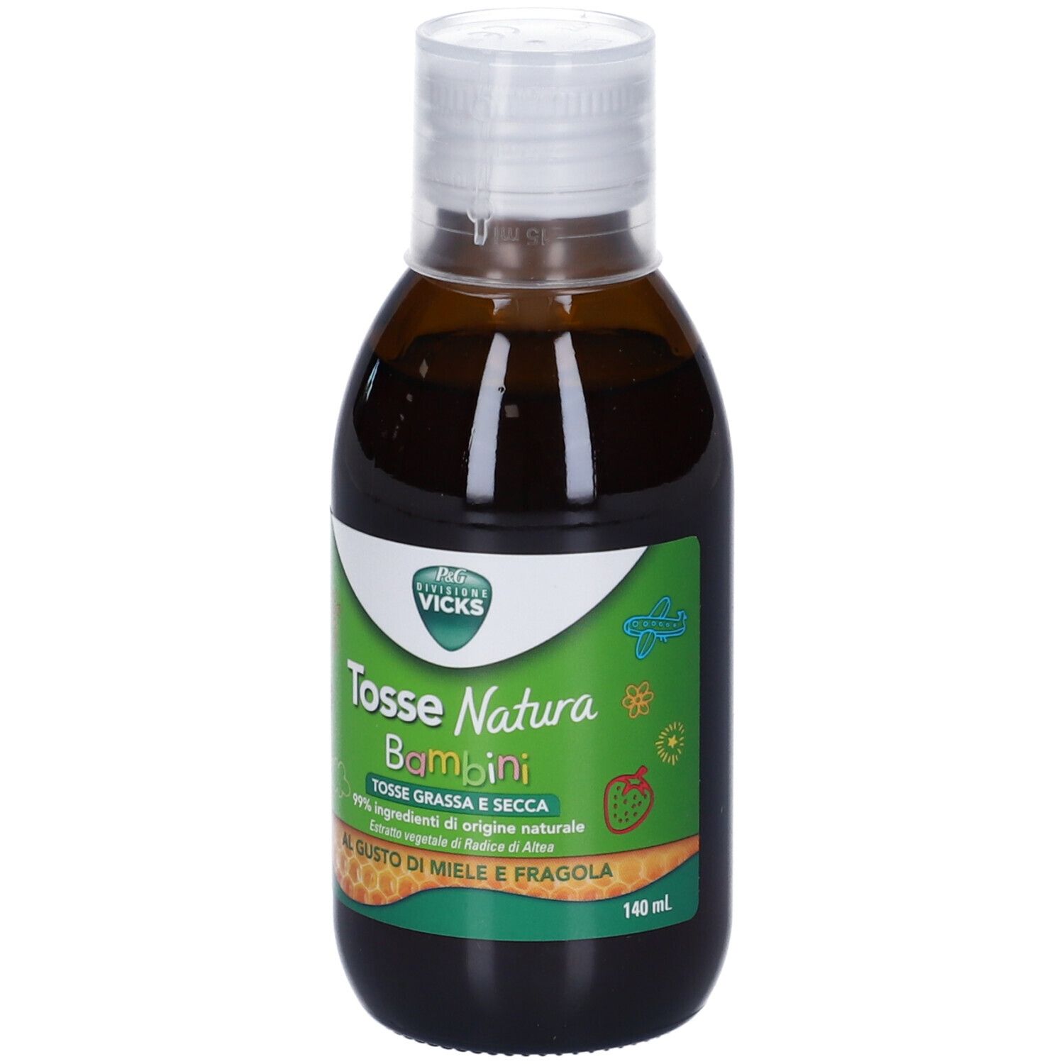 Bottiglia marrone con tappo bianco. Etichetta con nome e logo del prodotto. Testo: Tosse Natura Bambini, gusto miele e fragola.