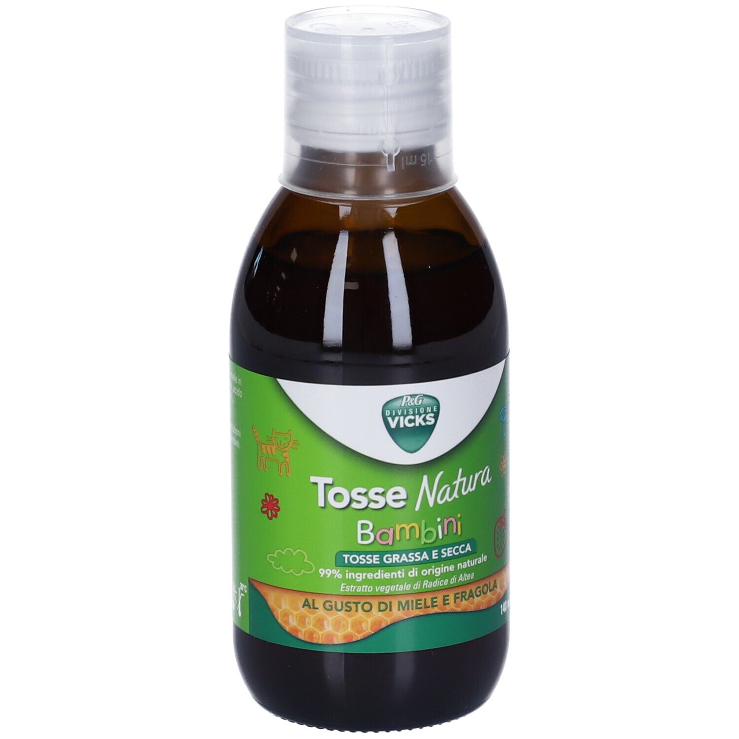 Bottiglia marrone con tappo bianco. Etichetta con nome e logo del prodotto. Testo: Tosse Natura Bambini, gusto miele e fragola.