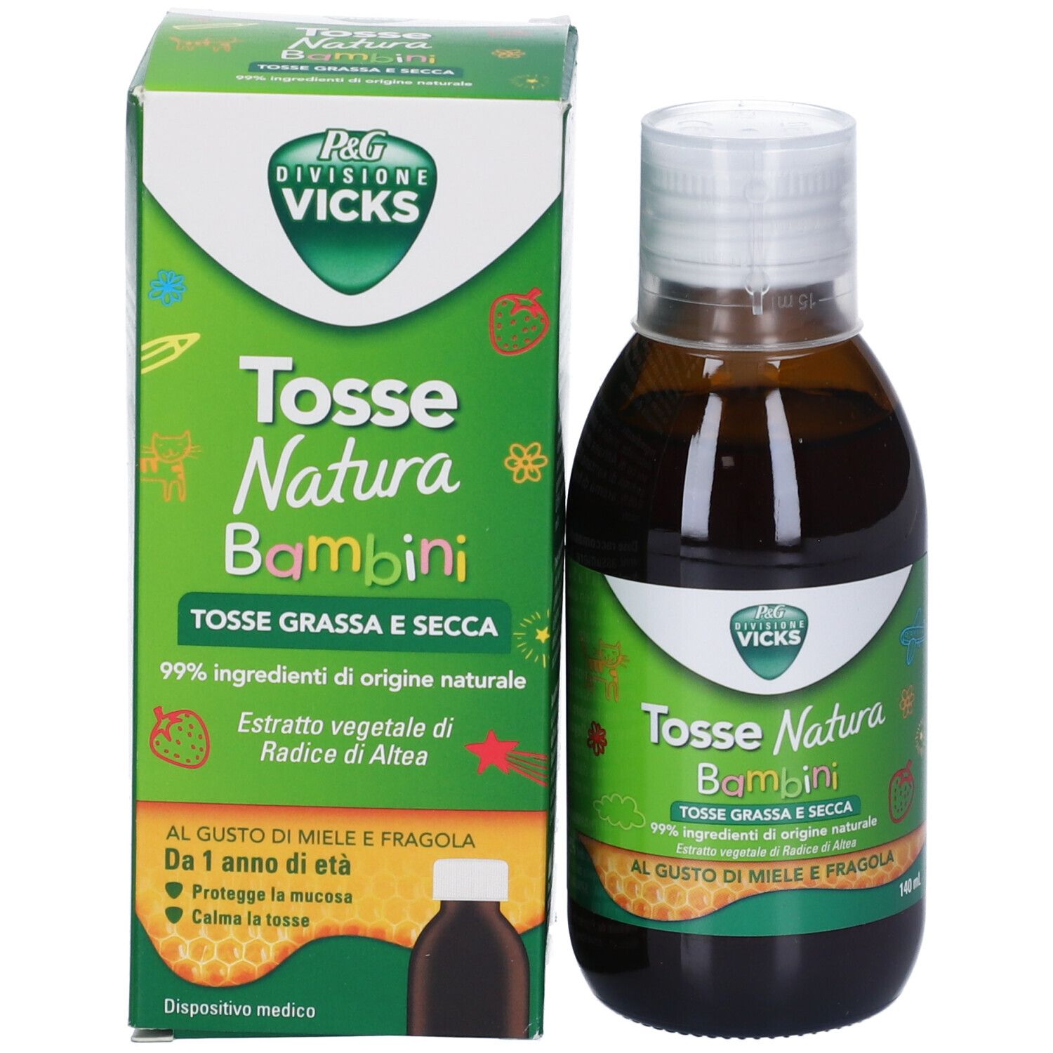 Confezione e bottiglia del prodotto. Confezione verde con nome e logo del prodotto. Bottiglia marrone con tappo bianco.