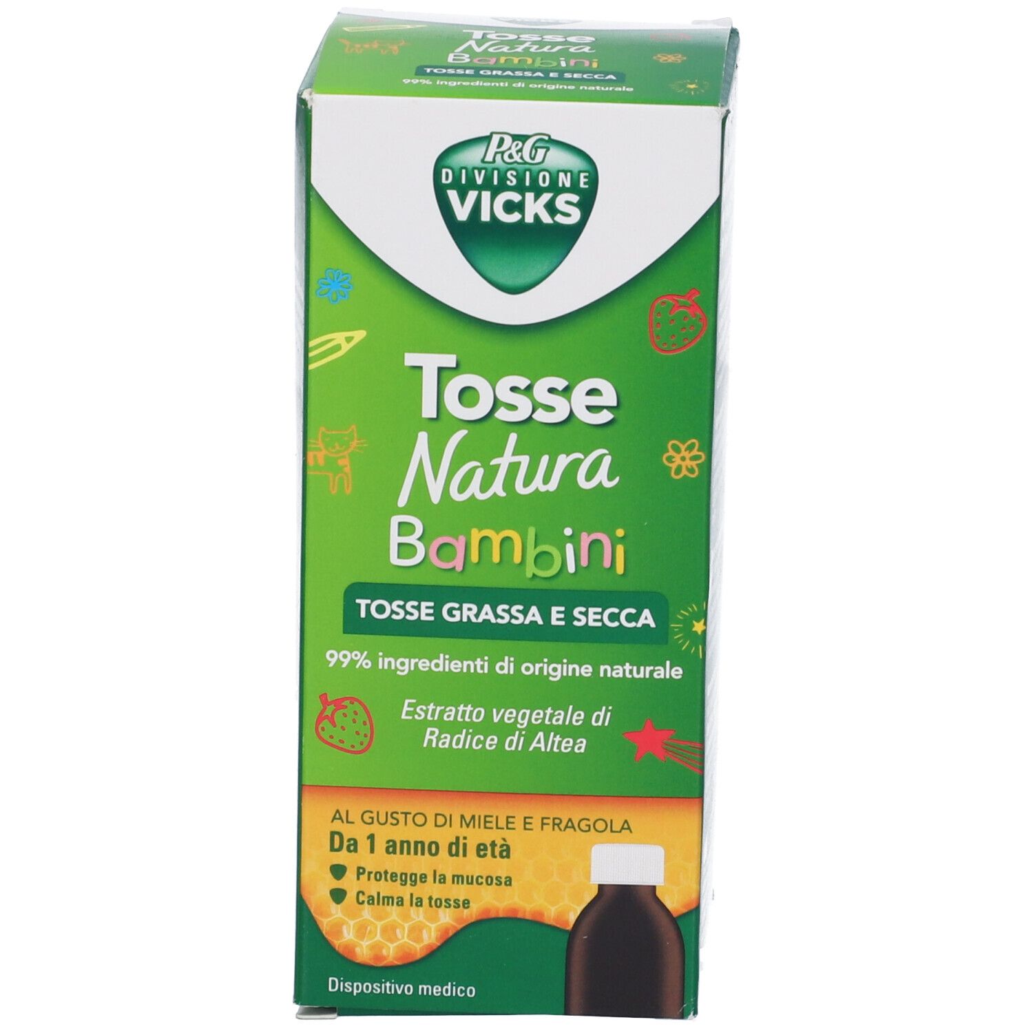 Confezione verde con nome e logo del prodotto. Testo: Tosse Natura Bambini, gusto miele e fragola. Contiene una bottiglia.