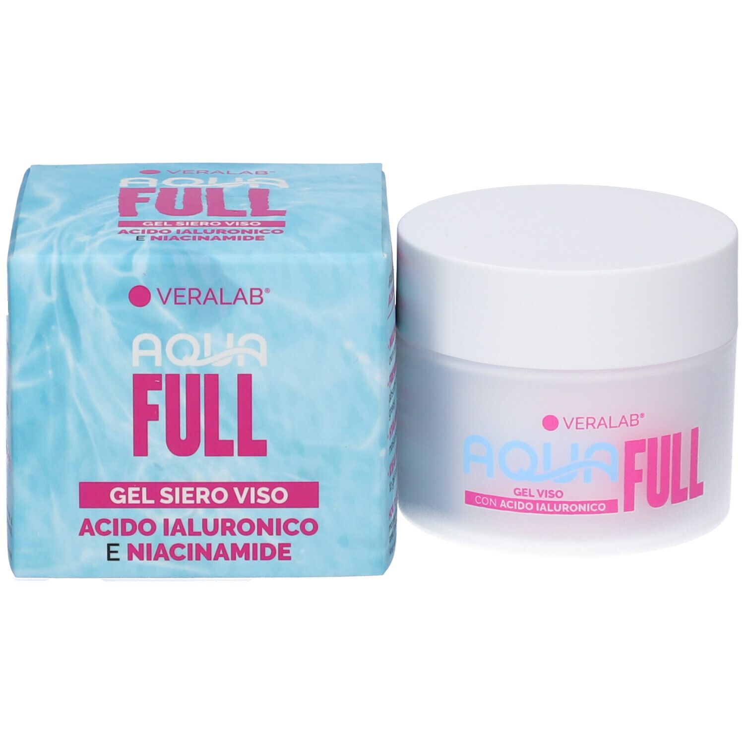 Confezione blu e vaso. Scritta: "AQUA FULL GEL SIERO VISO ACIDO IALURONICO E NIACINAMIDE".