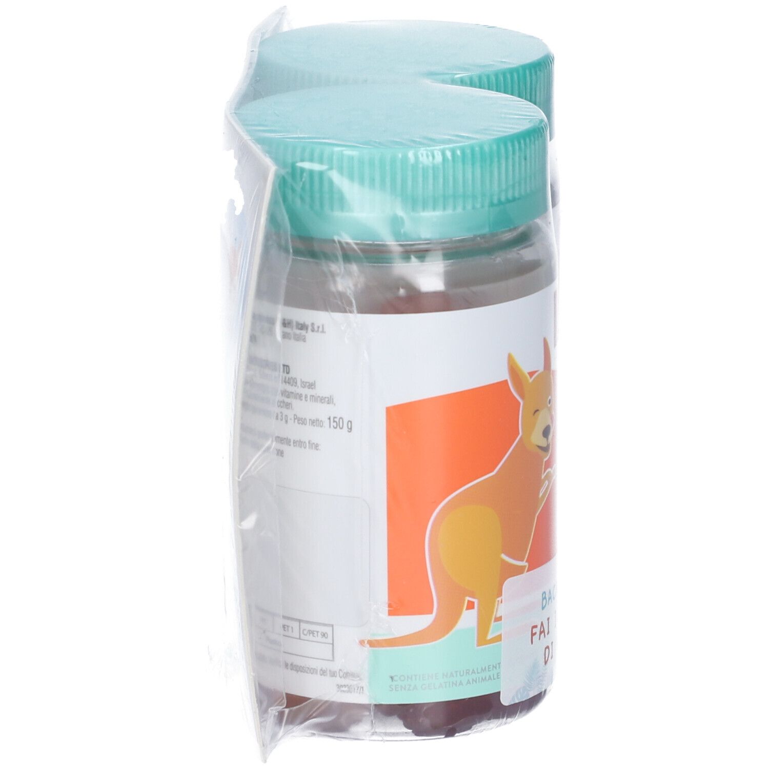 Una bottiglia di Swisse Junior Multivit Gummy, vista laterale. Etichetta con testo, cane. Bottiglia trasparente, tappo verde.