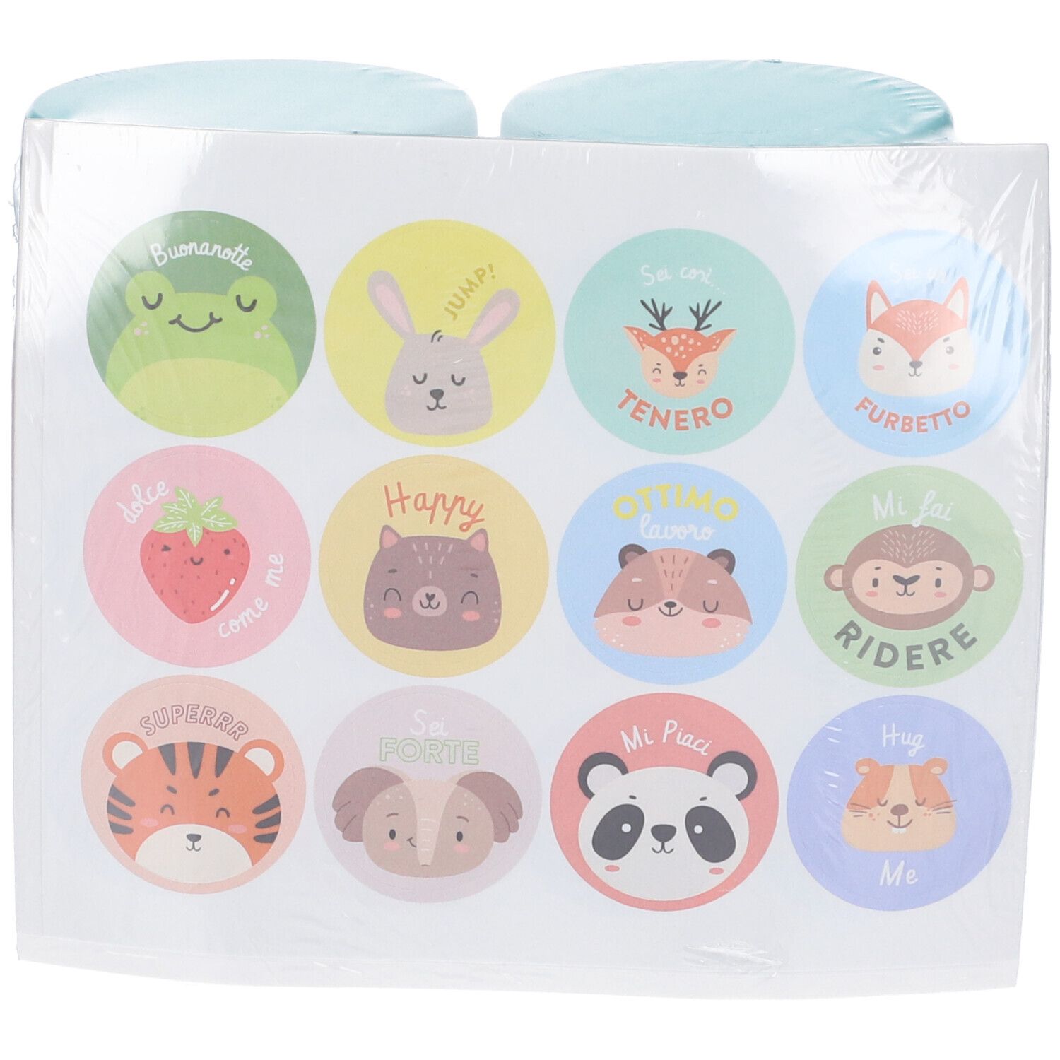 Foglio di adesivi con facce di animali. Adesivi rotondi con diversi animali e testi. Confezionato in pellicola.