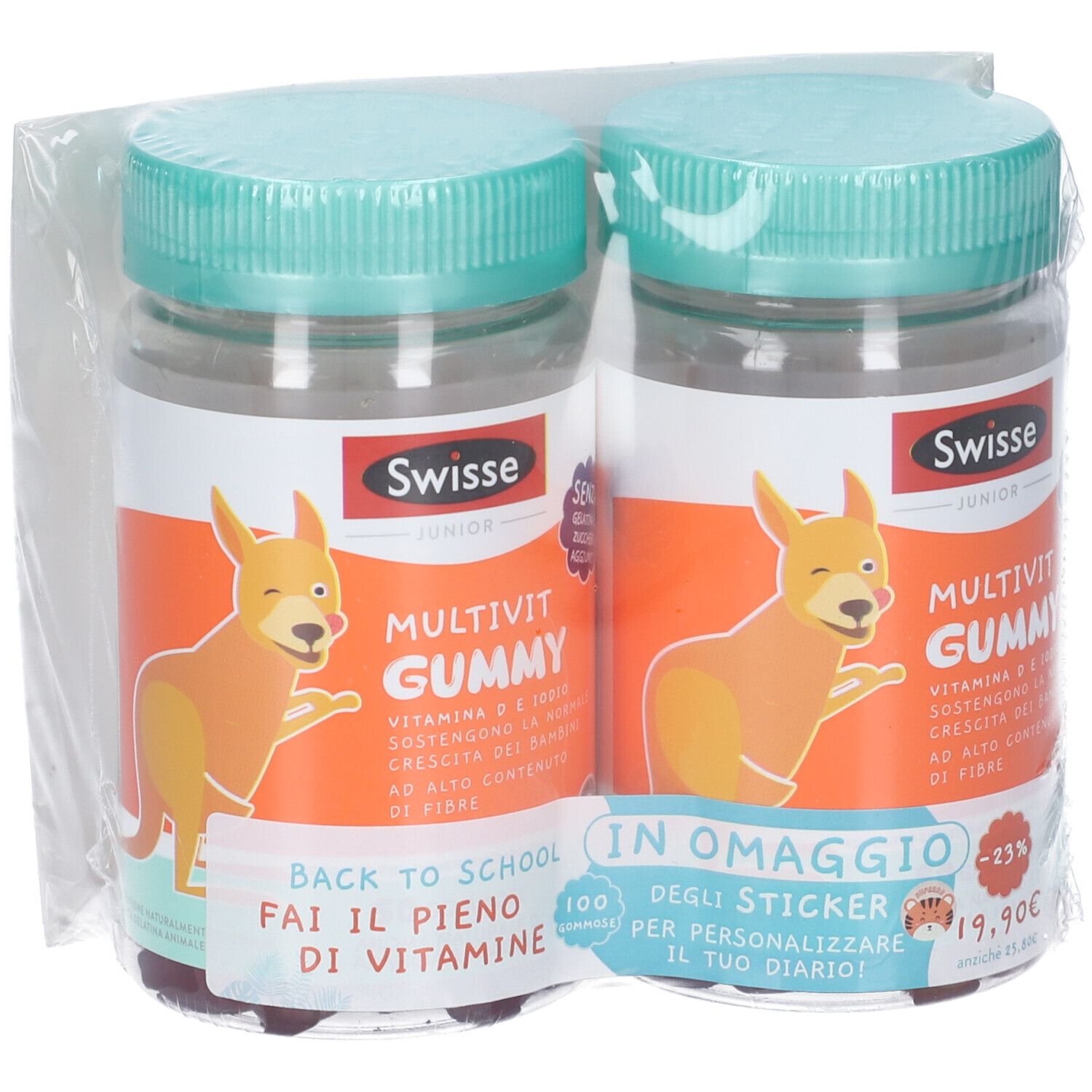 Due bottiglie di Swisse Junior Multivit Gummy confezionate. Stampa: cane, testo, prezzo. Tappi verdi, bottiglie trasparenti.