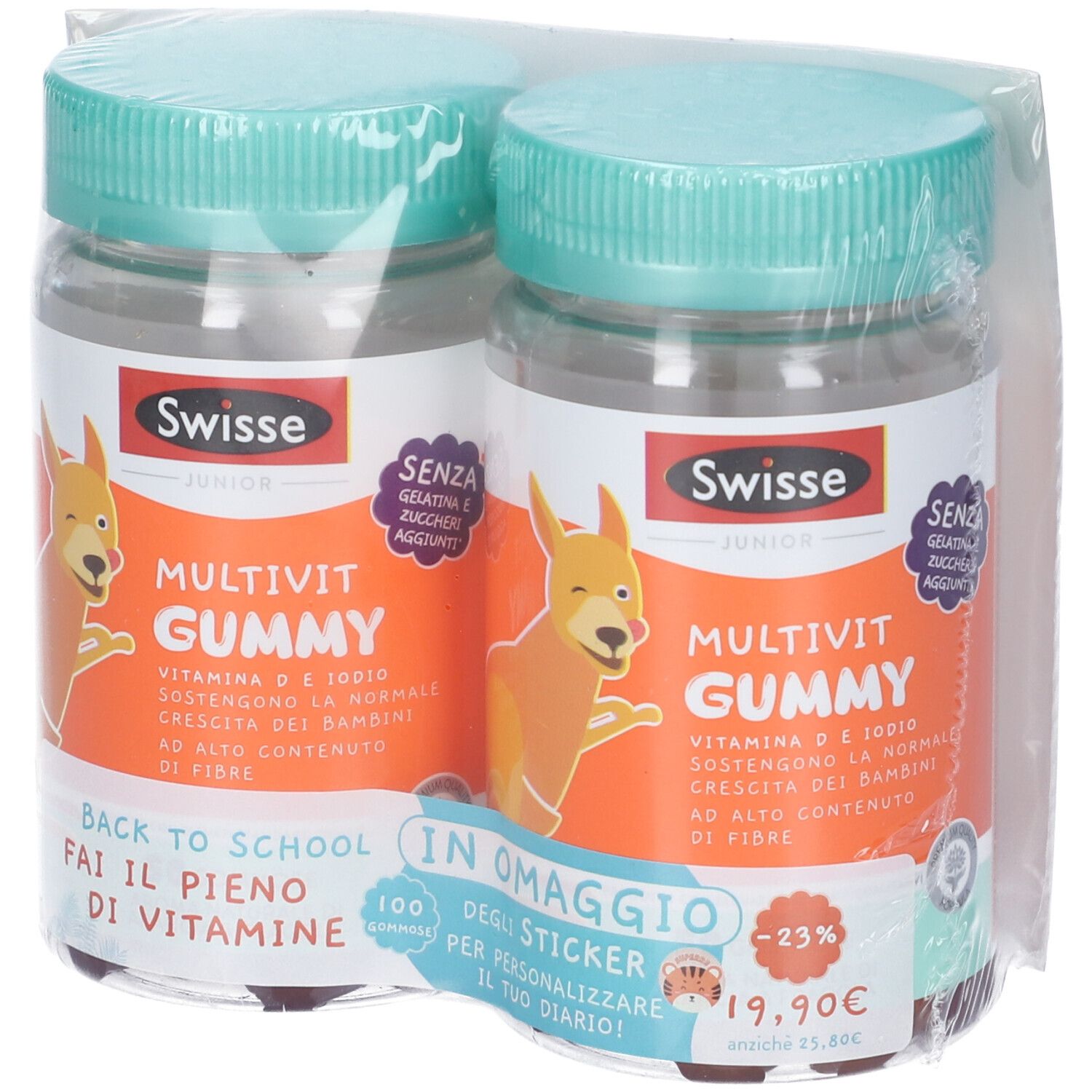 Due bottiglie di Swisse Junior Multivit Gummy confezionate. Stampa: cane, testo, prezzo. Tappi verdi, bottiglie trasparenti.