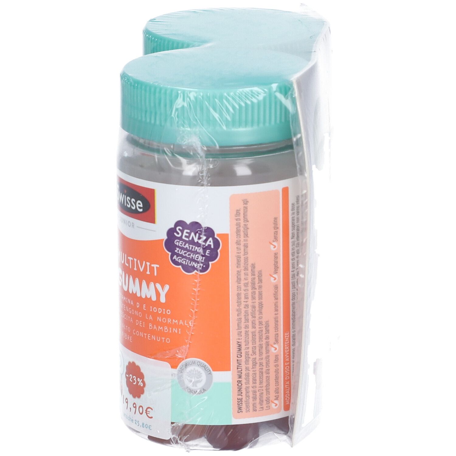 Una bottiglia di Swisse Junior Multivit Gummy, vista laterale. Etichetta con testo, cane. Bottiglia trasparente, tappo verde.