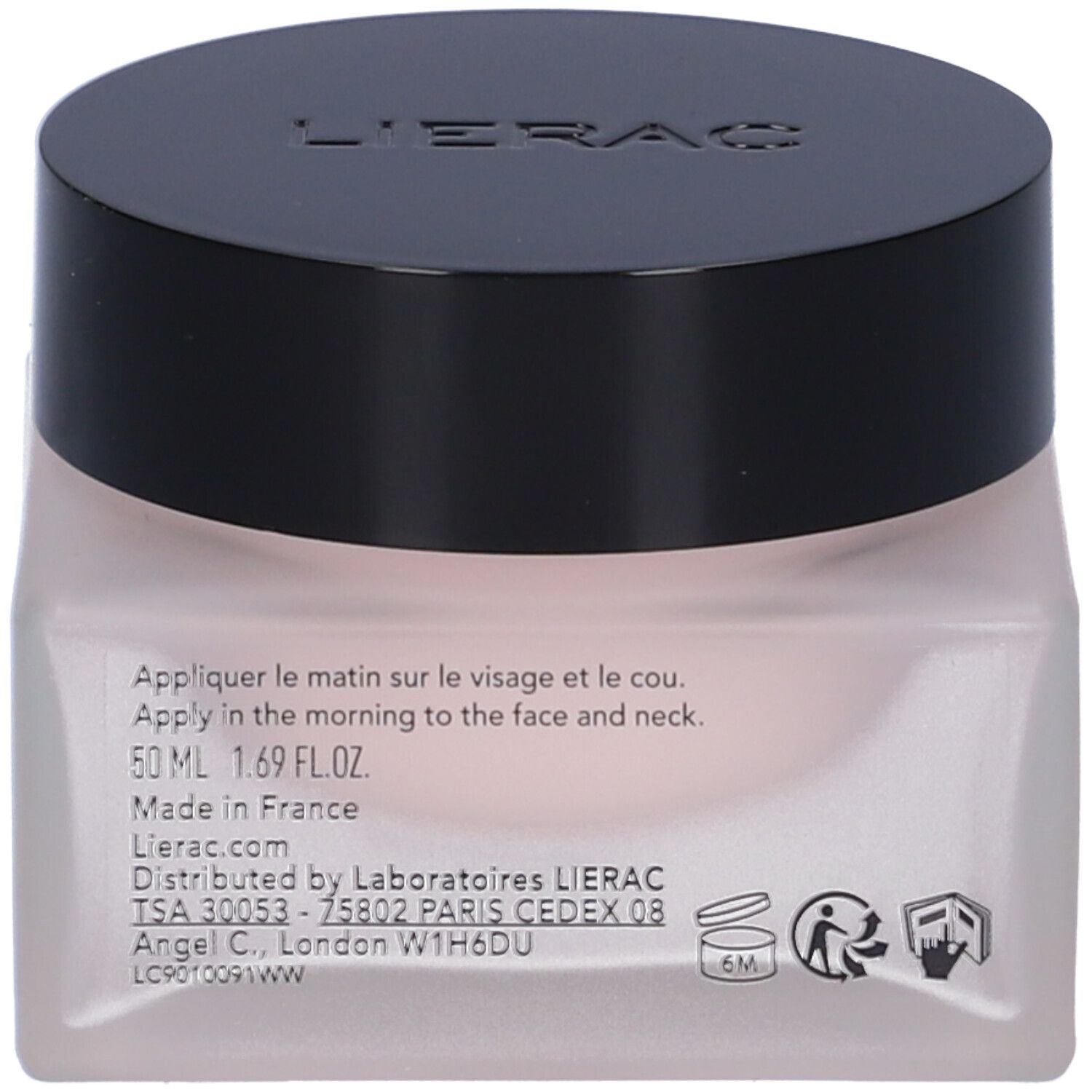 Retro del vasetto di crema-gel. Testo: Applicazione, 50 ml, Made in France, Lierac.com, simboli.