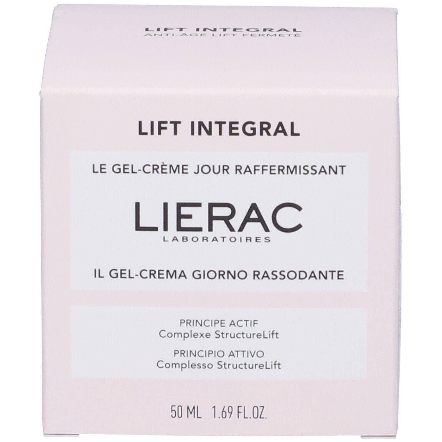 Confezione. Scritta: Lift Integral, Lierac, Le Gel-Crème Jour Raffermissant, 50 ml, principio attivo.