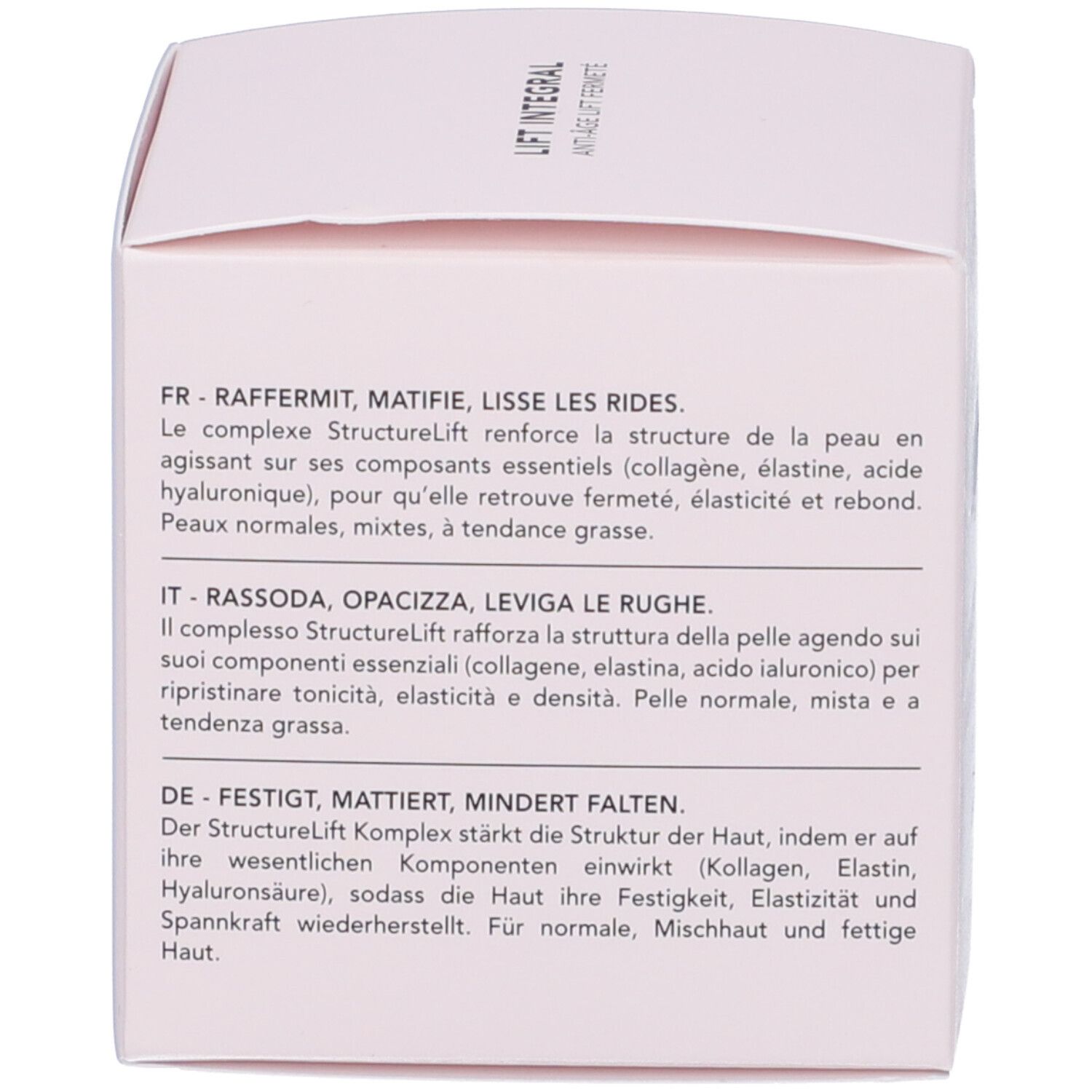 Confezione. Testo: Rassoda, opacizza, leviga le rughe. Ingredienti, tipi di pelle.