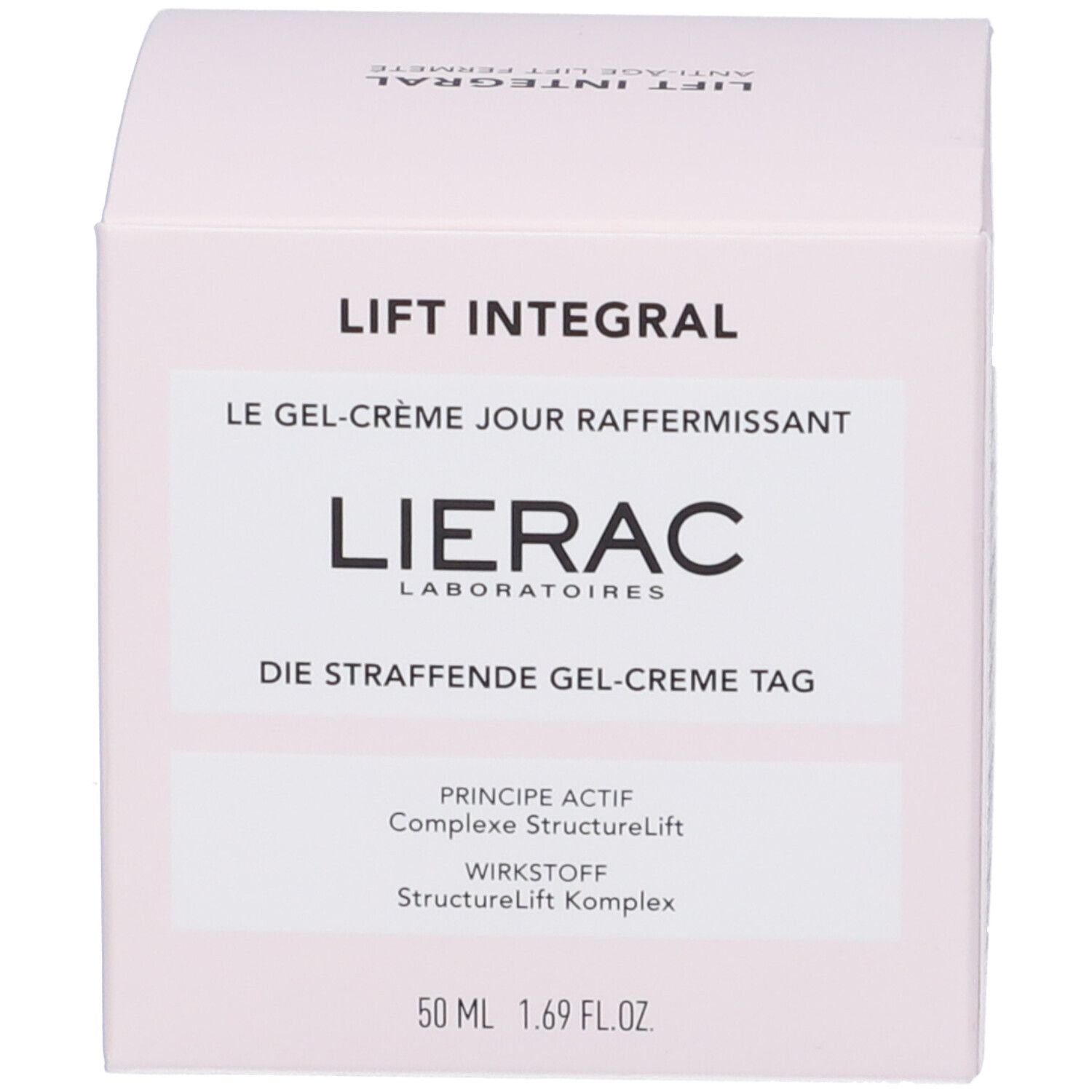 Confezione. Scritta: Lift Integral, Lierac, Die straffende Gel-Creme Tag, 50 ml, principio attivo.