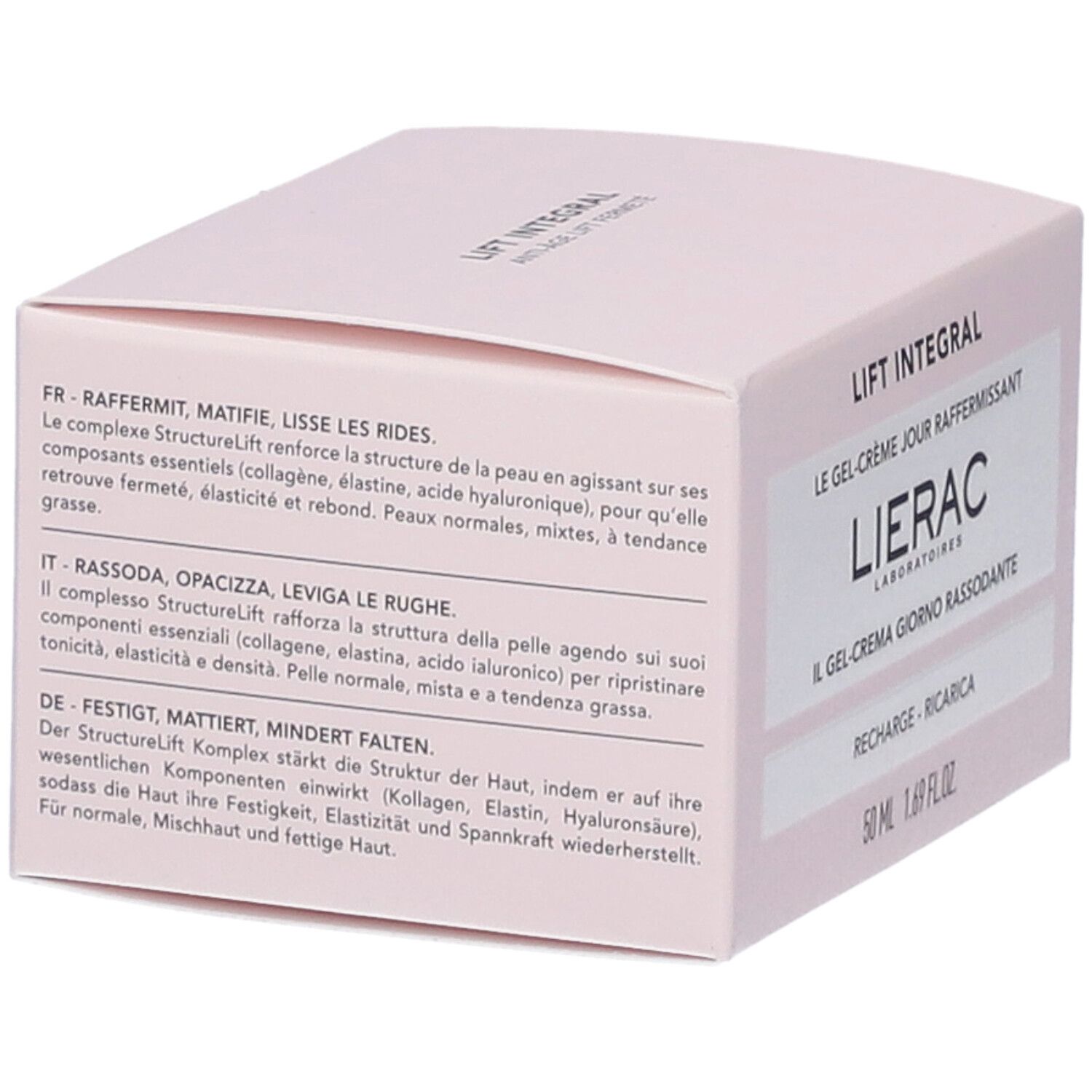 Scatola rosa con nome e marchio del prodotto. Testo in francese, italiano e tedesco. 50 ml, 1.69 fl.oz.