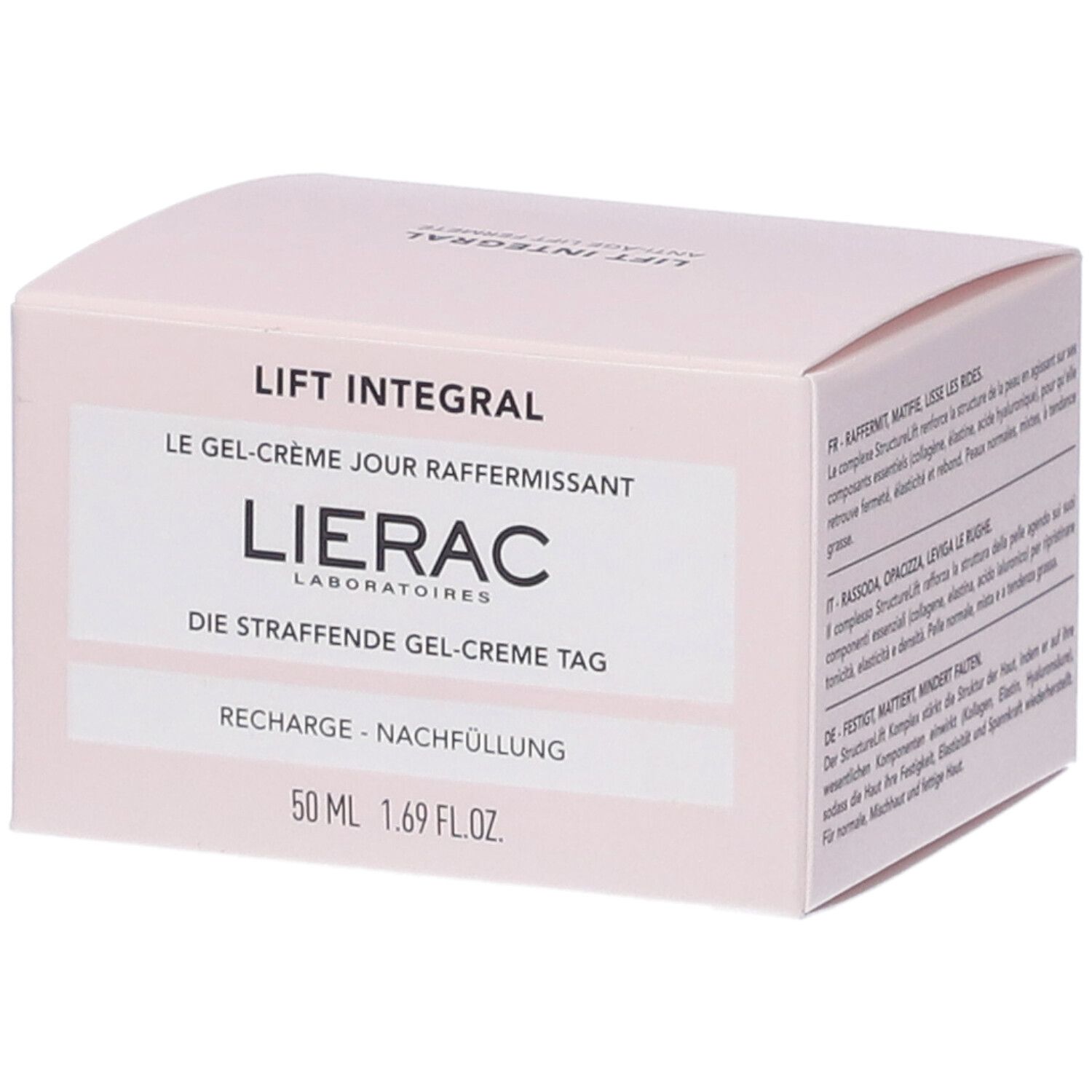 Scatola rosa con nome e marchio del prodotto. Testo in francese, italiano e tedesco. 50 ml, 1.69 fl.oz.