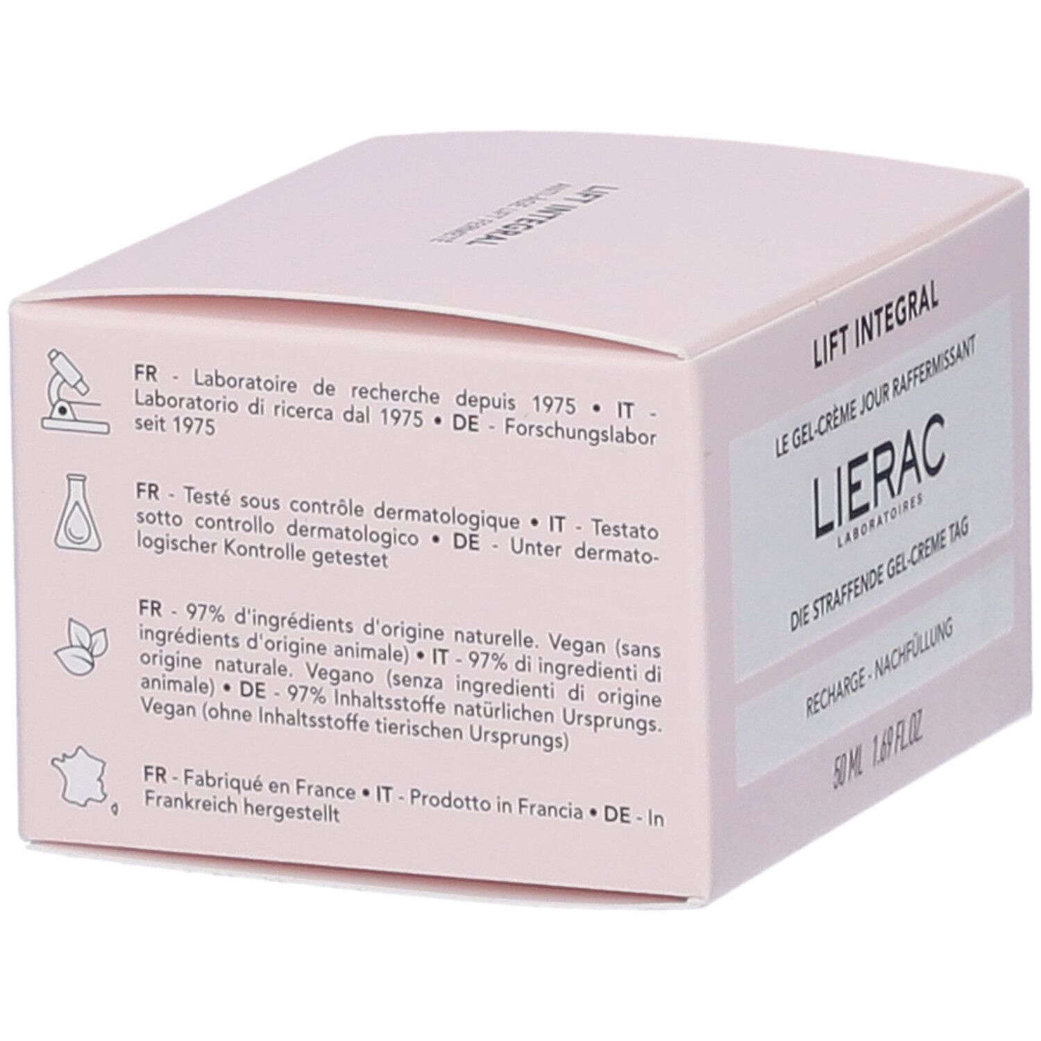 Scatola rosa con nome e marchio del prodotto. Testo in francese, italiano e tedesco. 50 ml, 1.69 fl.oz.