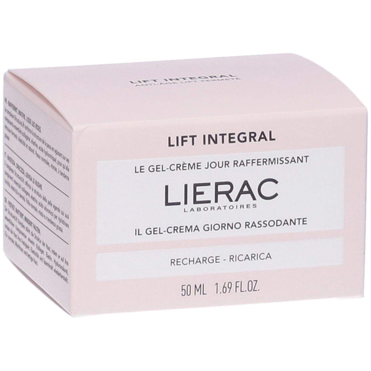 Scatola rosa con nome e marchio del prodotto. Testo in francese e italiano. 50 ml, 1.69 fl.oz.