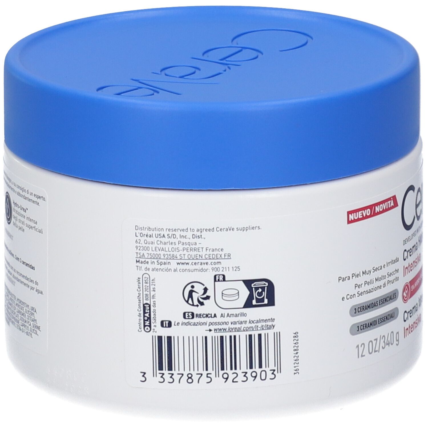 Vaso bianco con coperchio blu. Retro con testo e simboli. Simbolo di riciclaggio.