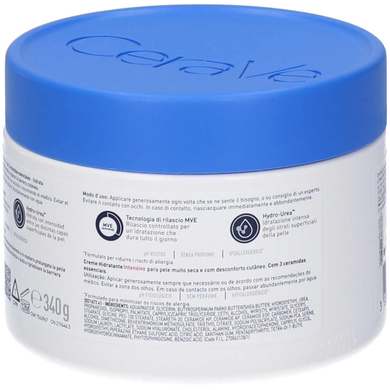 Vaso bianco con coperchio blu. Retro con testo. Ingredienti e istruzioni per l'uso.