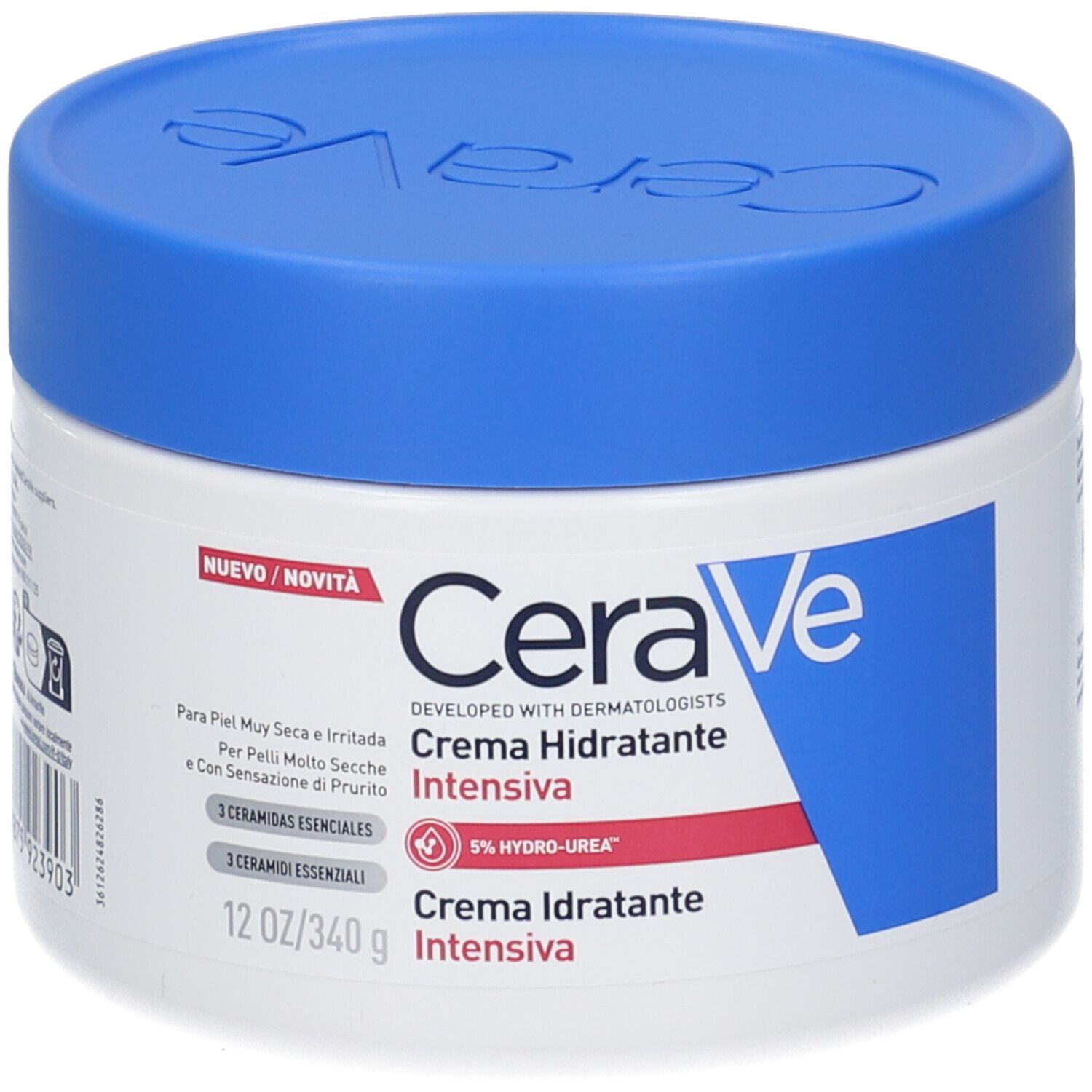 Vaso bianco con coperchio blu. Scritta CeraVe, Crema Idratante Intensiva. 12 OZ/340 g.