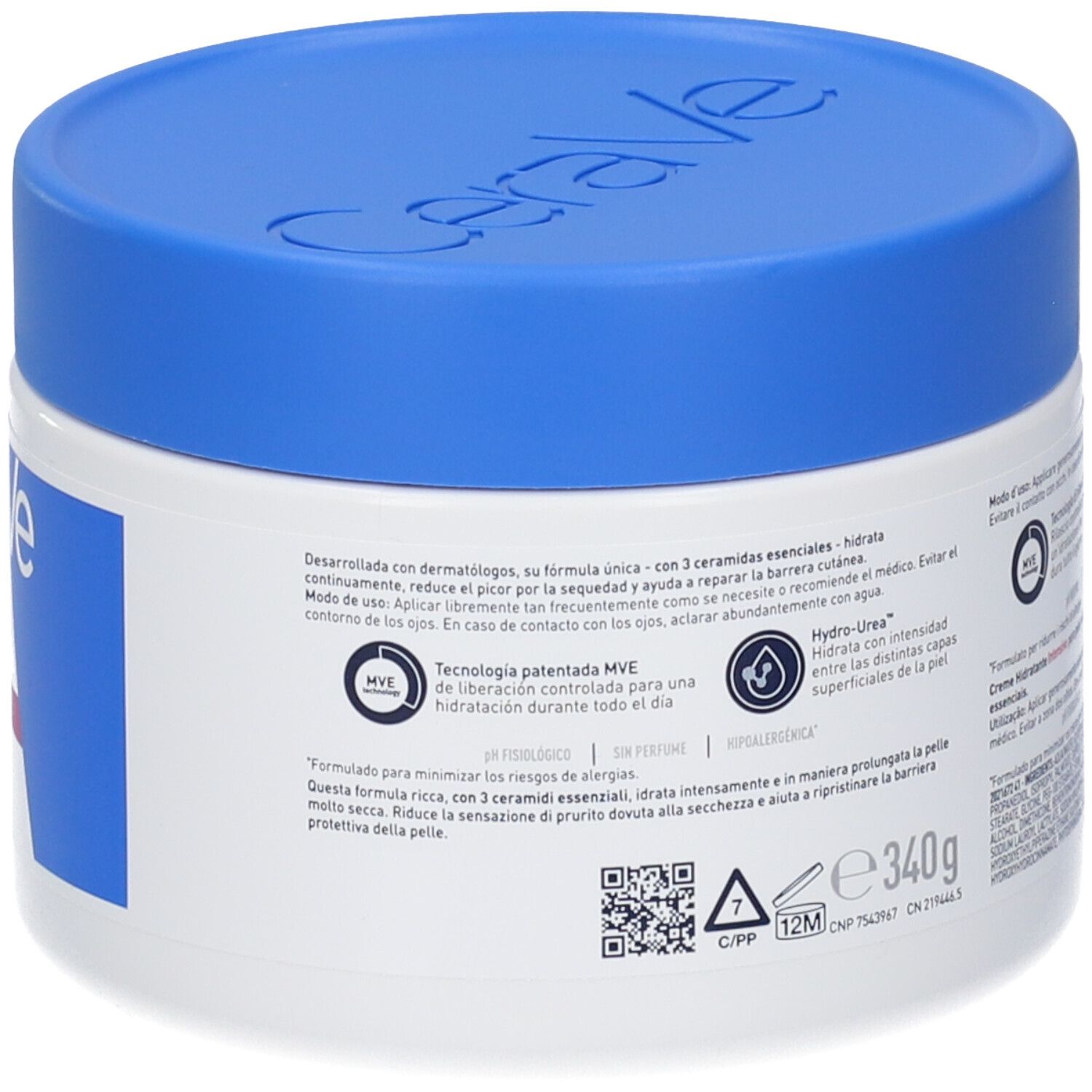 Vaso bianco con coperchio blu. Retro con testo. Ingredienti e istruzioni per l'uso.