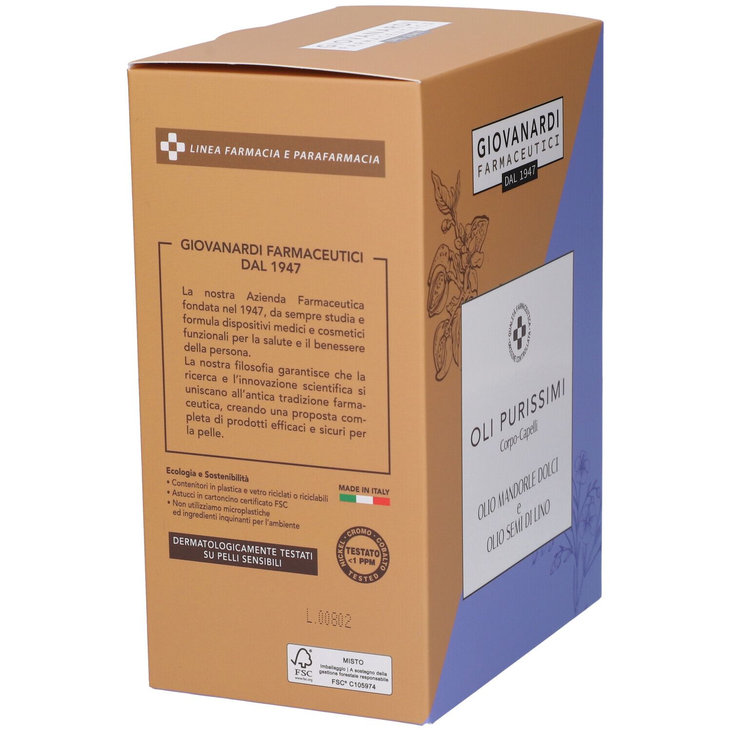 Confezione in cartone. Giovanardi Farmaceutici. Testo. Made in Italy. Dermatologicamente testato. Logo FSC.