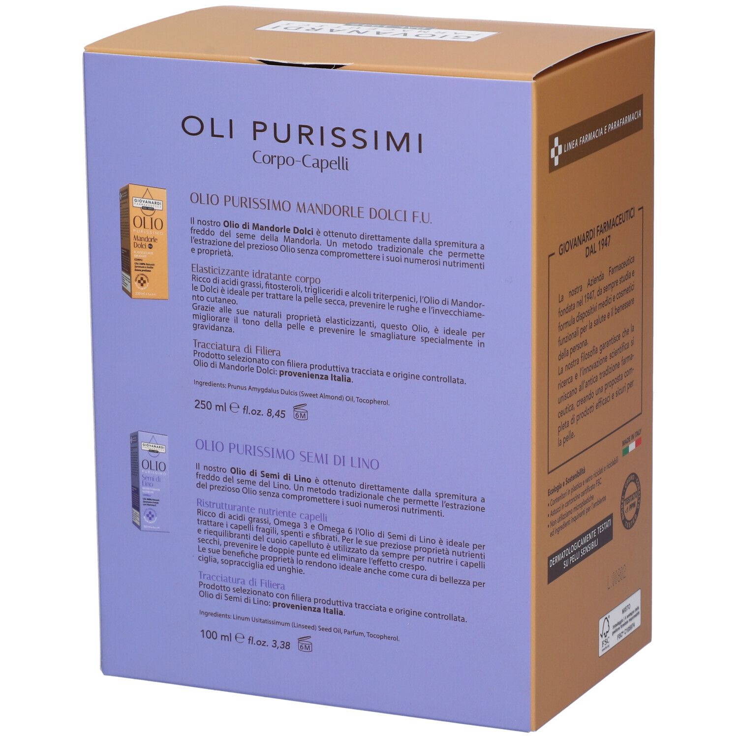 Confezione in cartone. OLI PURISSIMI Corpo-Capelli. Testo. 250 ml Mandorle Dolci. 100 ml Semi Di Lino. Informazioni prodotto.