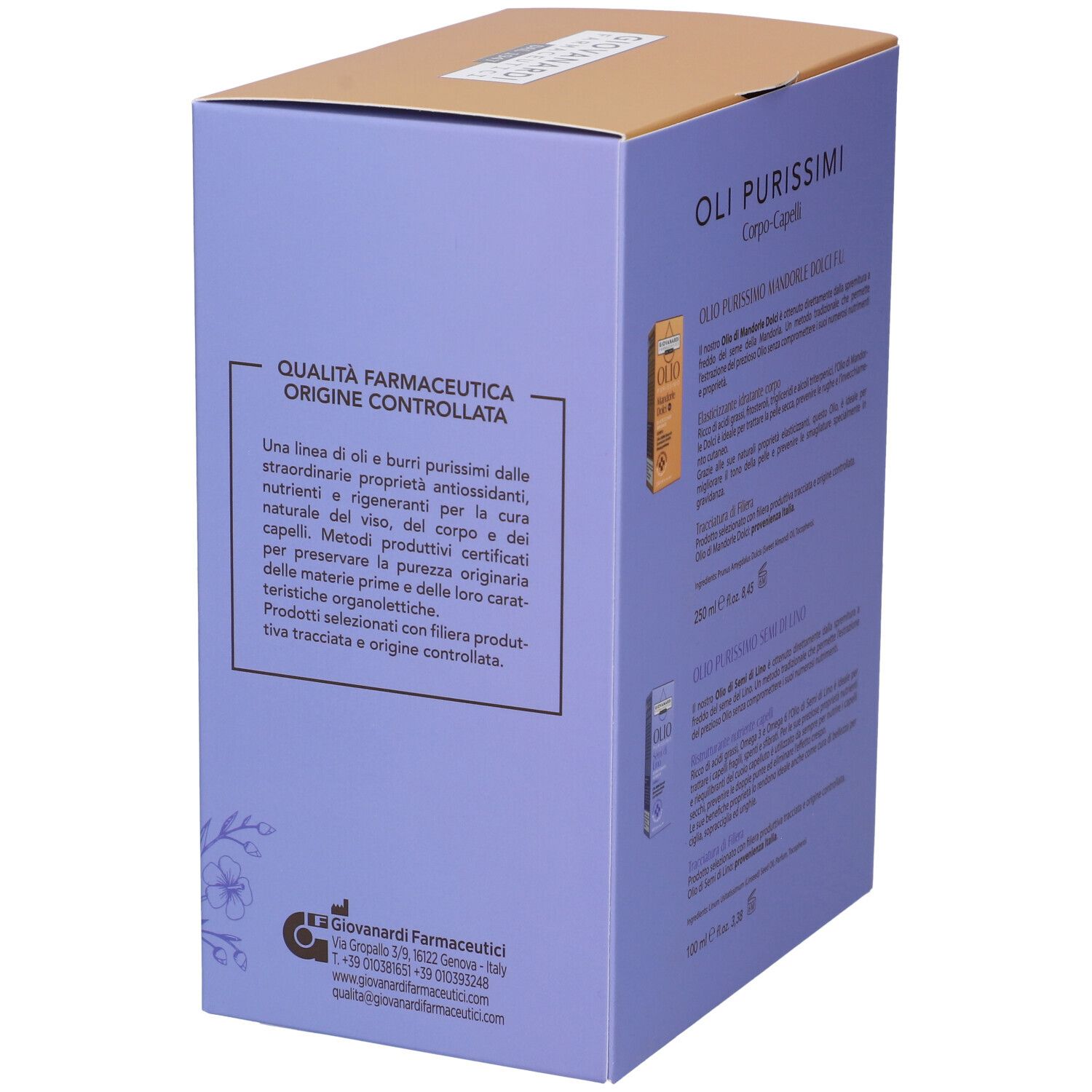 Confezione in cartone. OLI PURISSIMI Corpo-Capelli. Testo. Giovanardi Farmaceutici. Marchio di qualità. Informazioni di contatto.