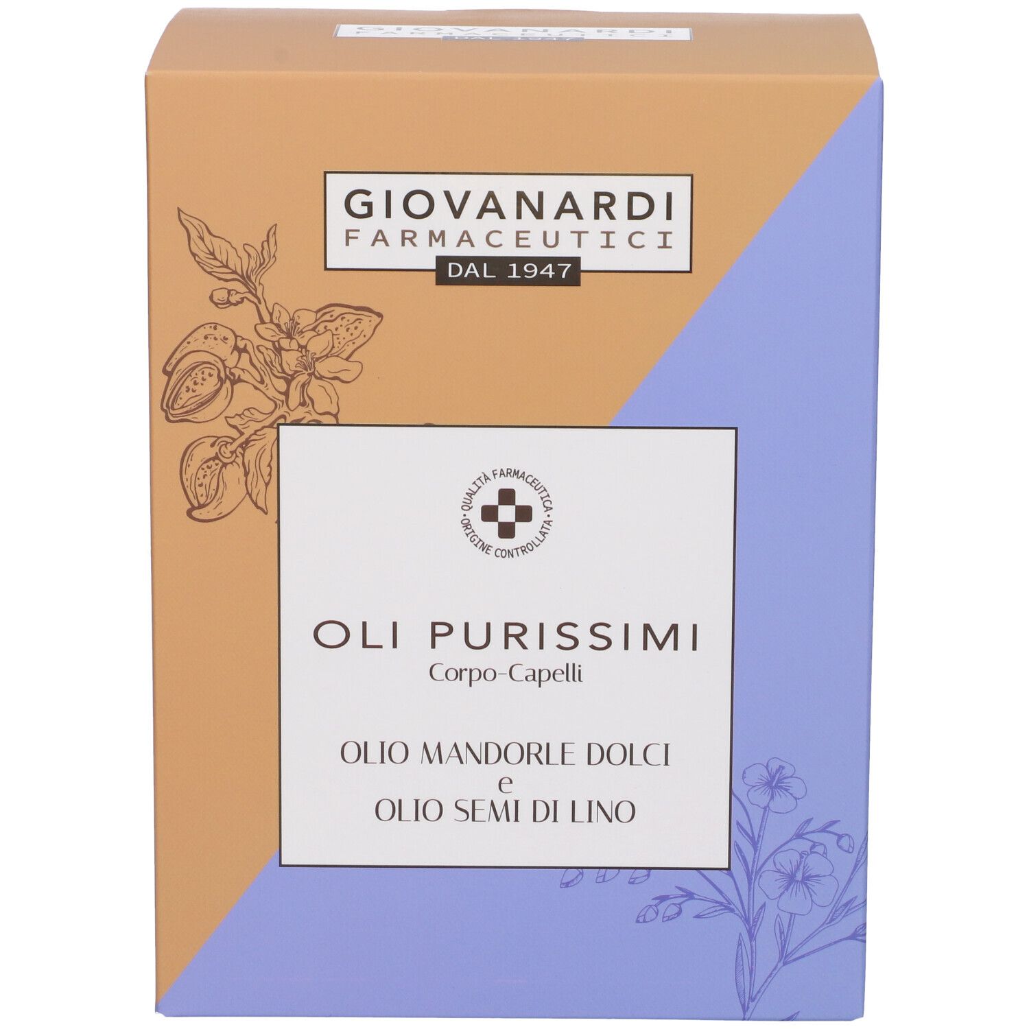Confezione in cartone. Giovanardi Farmaceutici. OLI PURISSIMI Corpo-Capelli. Mandorle Dolci + Semi Di Lino. Marchio di qualità.