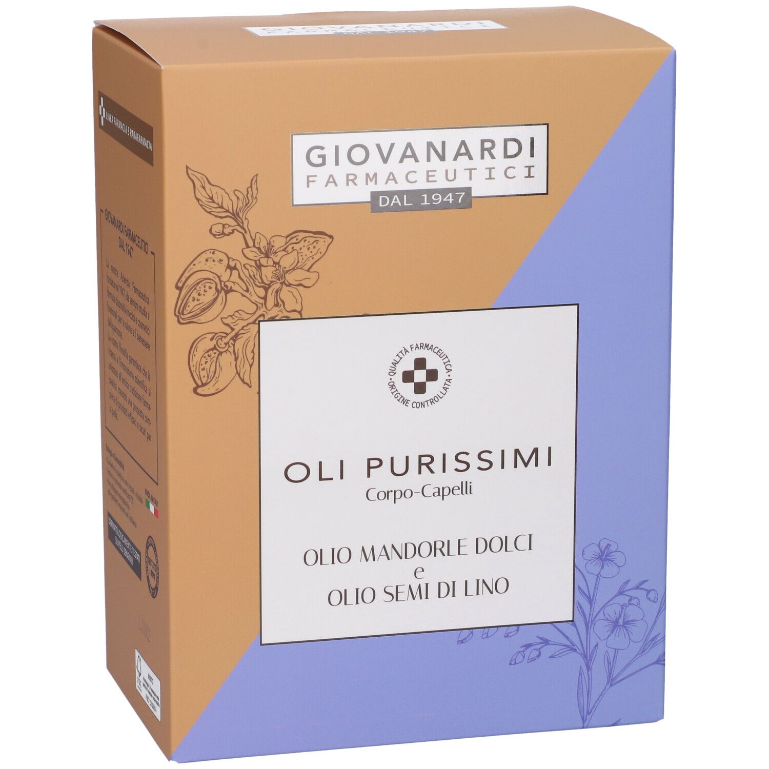 Confezione in cartone. Giovanardi Farmaceutici. OLI PURISSIMI Corpo-Capelli. Mandorle Dolci + Semi Di Lino. Marchio di qualità.