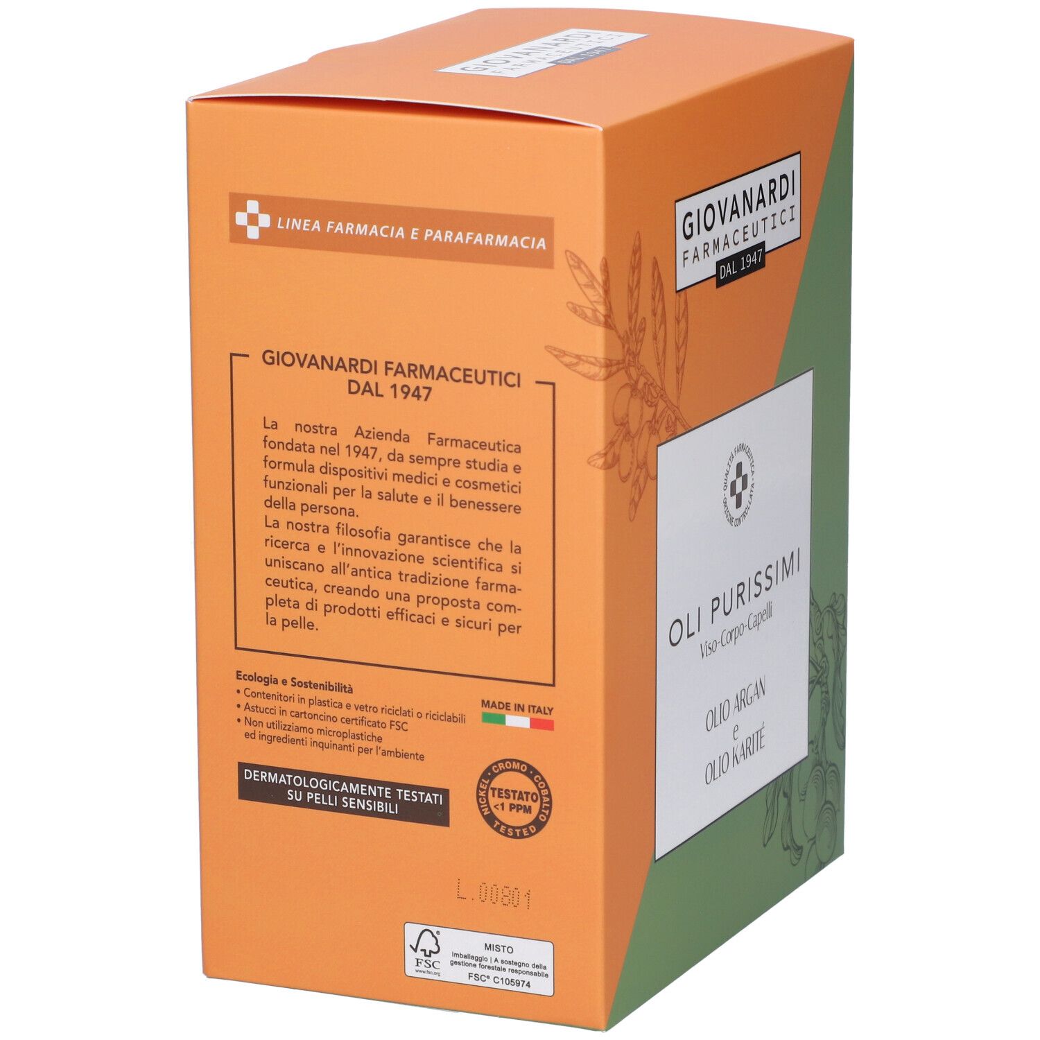 Retro della confezione Giovanardi Farmaceutici. Testo sull'azienda, ingredienti e certificazioni. Prodotto in Italia.