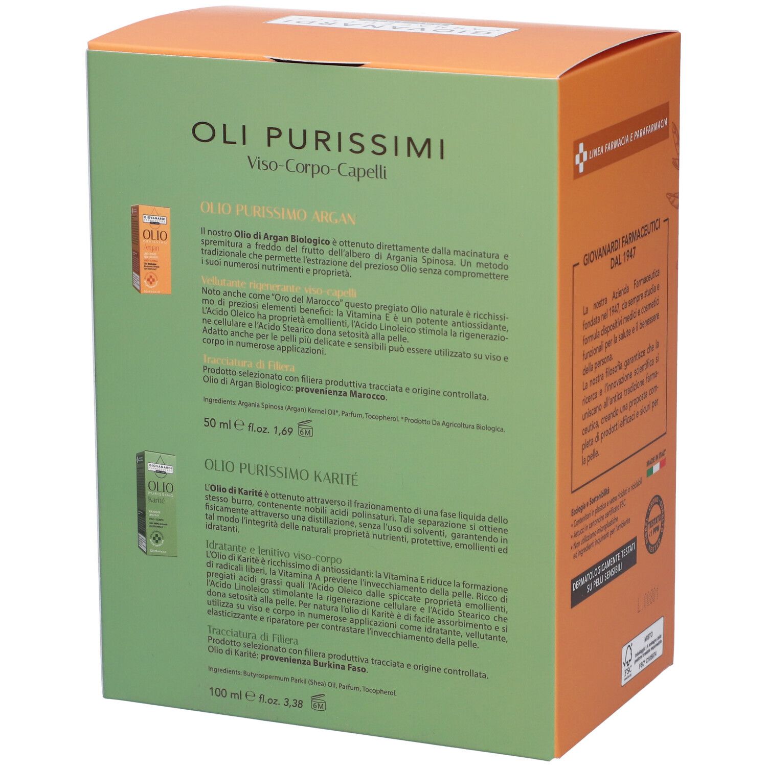 Retro della confezione con informazioni sul prodotto. Descrive oli di Argan e Karité. Contiene dettagli sugli ingredienti.