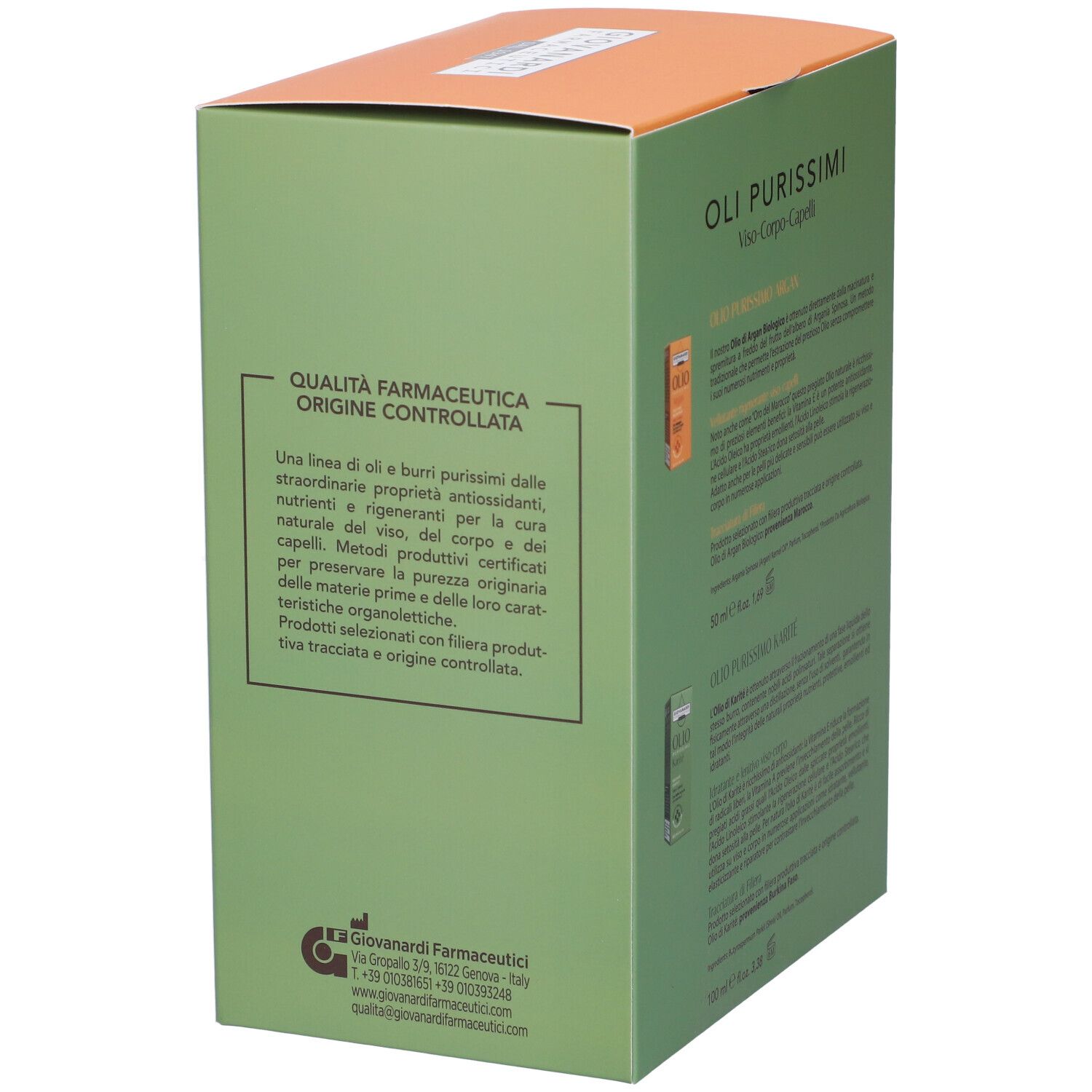 Lato della confezione con testo. Descrive la qualità farmaceutica. Contiene contatti e certificazioni.