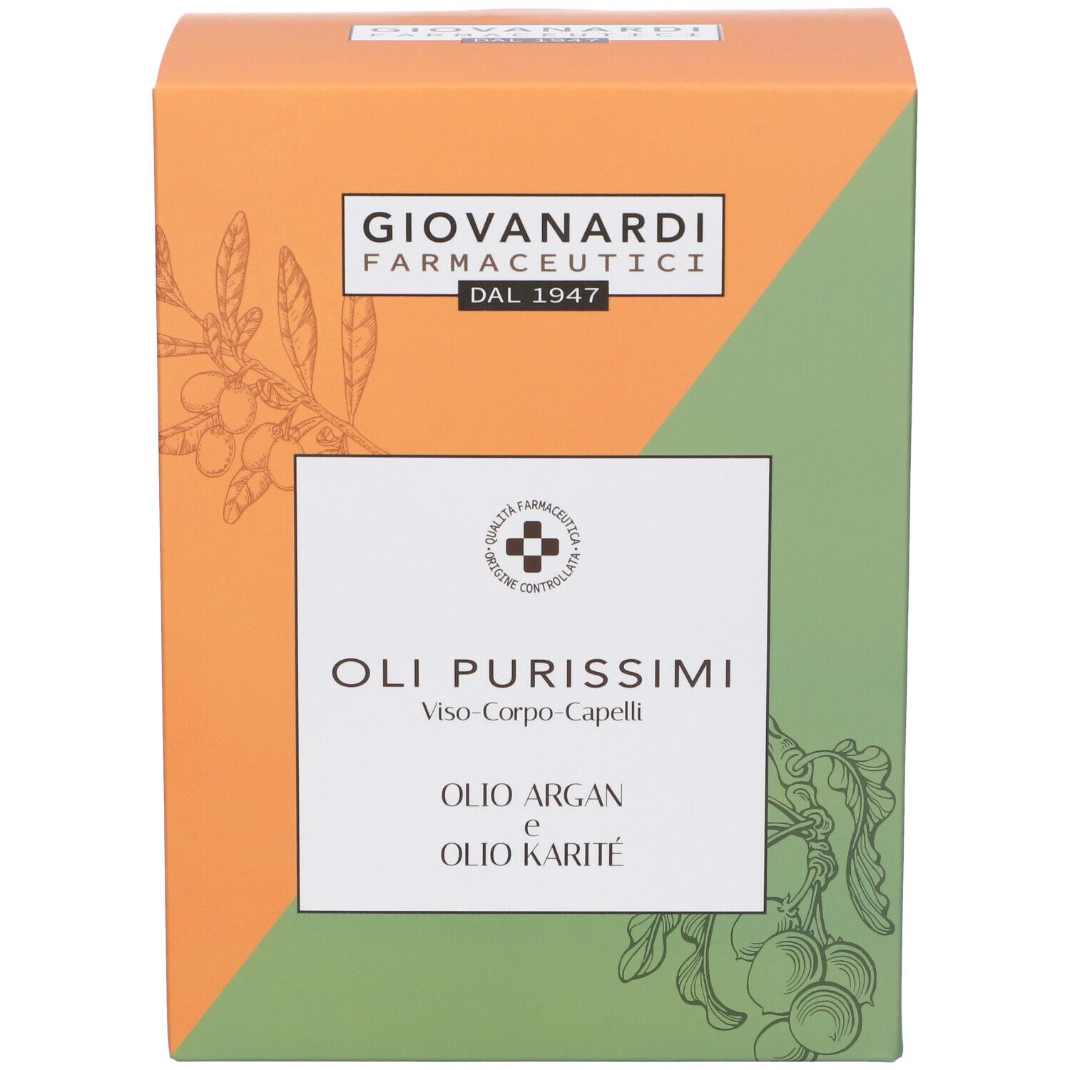 Fronte della confezione. Scatola arancione-verde con nome e logo. Contiene oli di Argan e Karité.