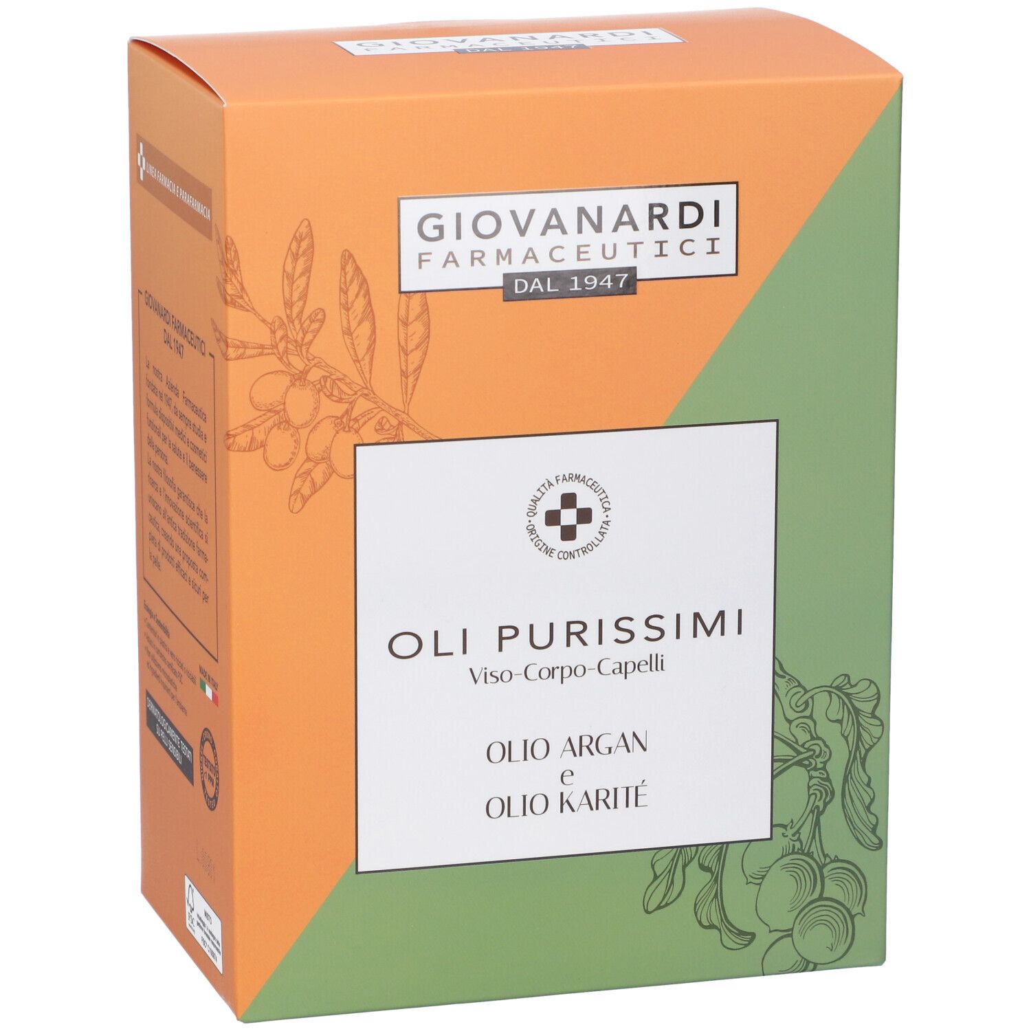 Fronte della confezione. Scatola arancione-verde con nome e logo. Contiene oli di Argan e Karité.