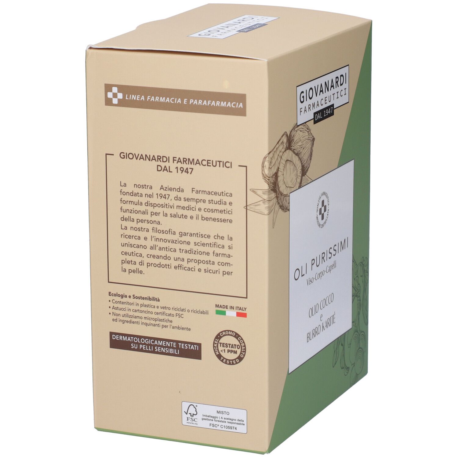 Retro della confezione in cartone. Testo e logo. Colori verde e beige. Illustrazione di cocco.