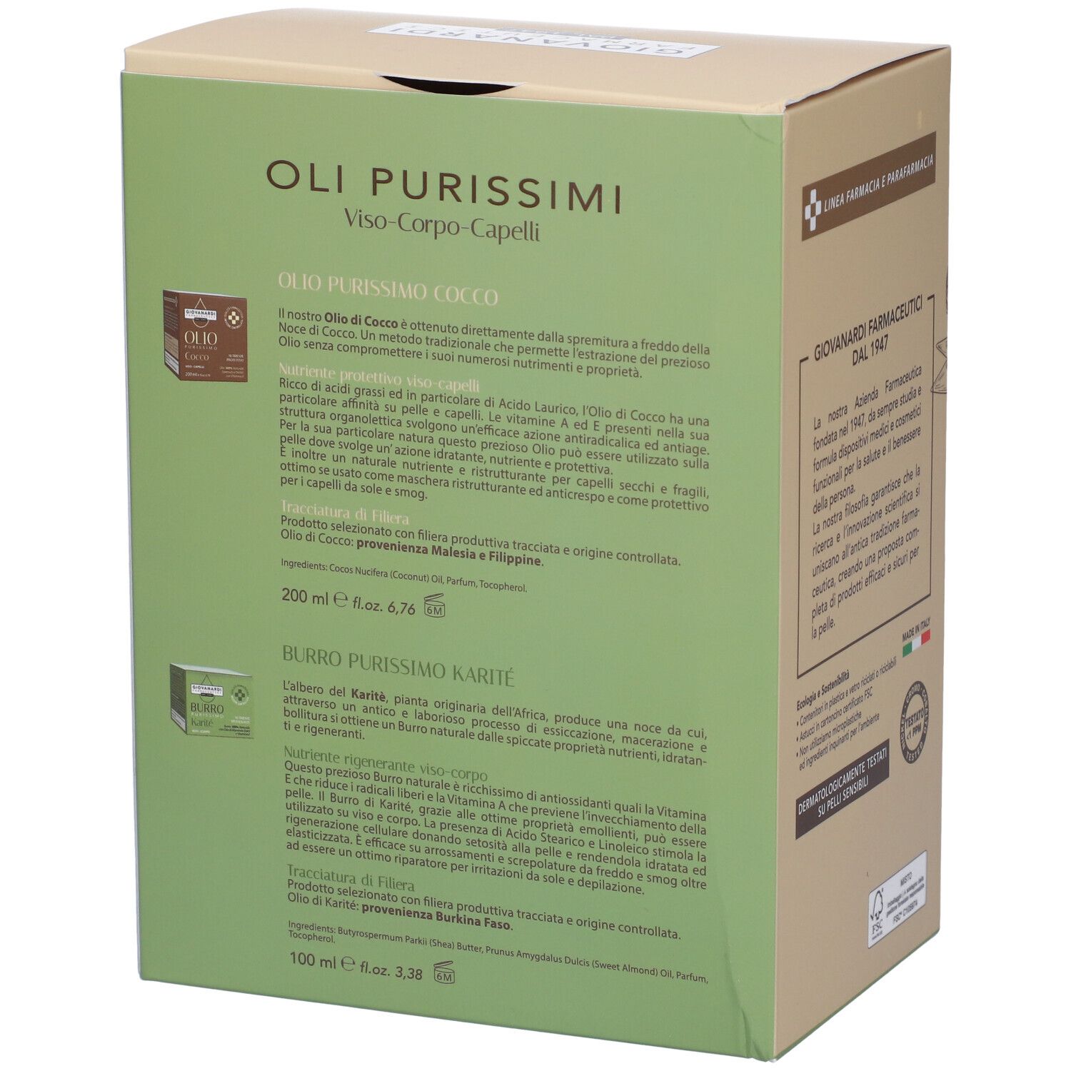 Retro della confezione in cartone. Sezioni di testo sugli ingredienti. Colori verde e beige.