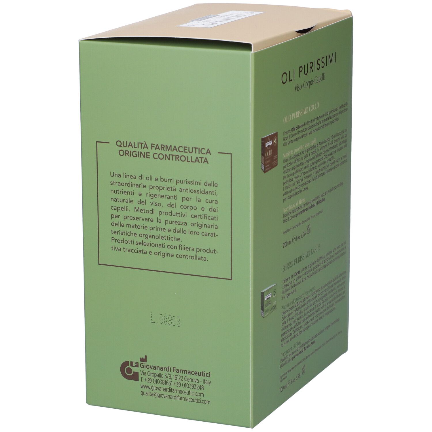 Vista laterale della confezione in cartone. Testo e logo. Colori verde e beige.