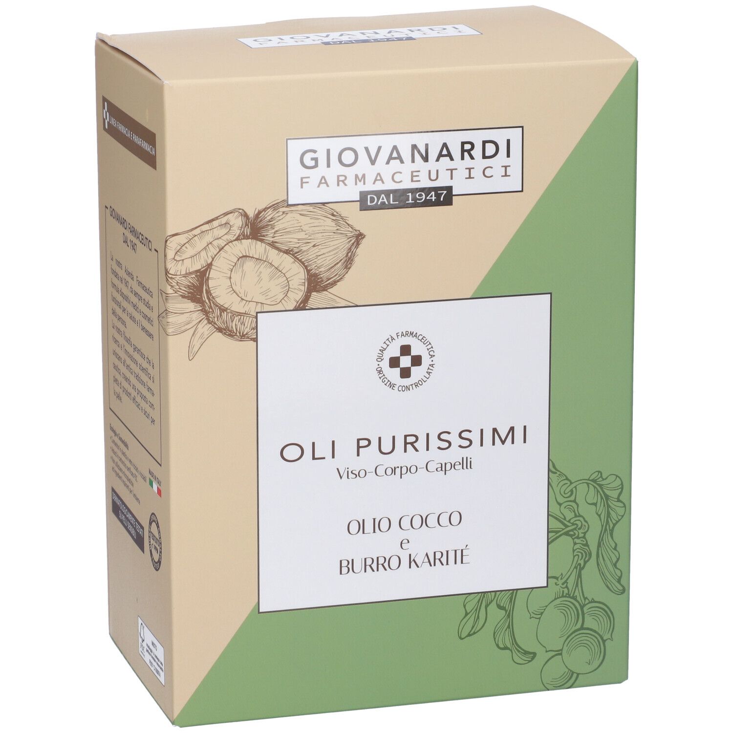 Confezione in cartone con nome del prodotto e logo. Colori verde e beige. Illustrazione di cocco.