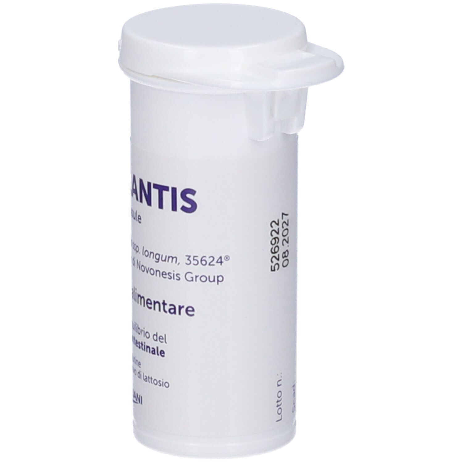 Flacone bianco Mesalantis, 30 capsule. Contiene informazioni sugli ingredienti e Giuliani. Tappo bianco con apertura. Numero di lotto e scadenza.