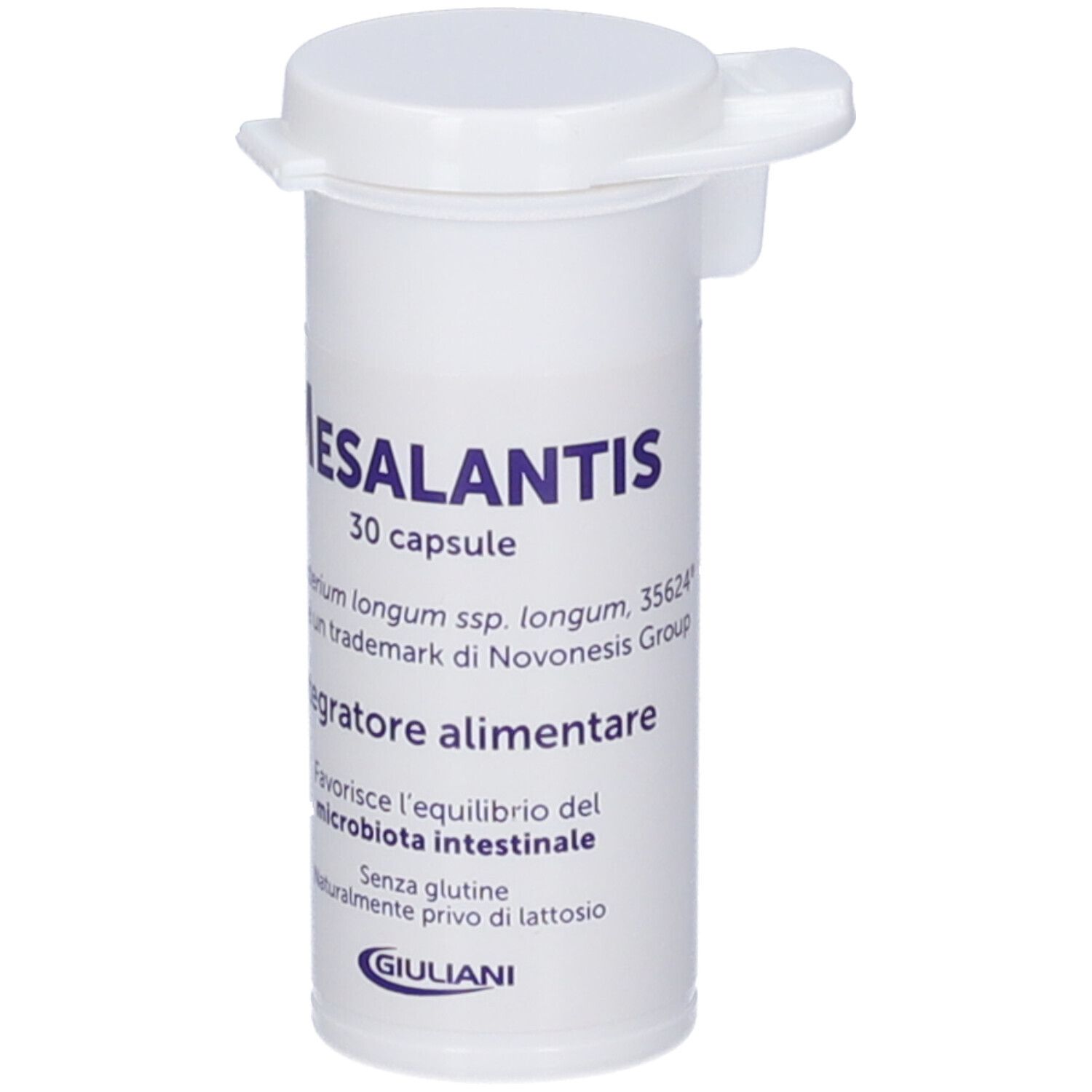 Flacone bianco Mesalantis, 30 capsule. Contiene informazioni sugli ingredienti e Giuliani. Tappo bianco con apertura.