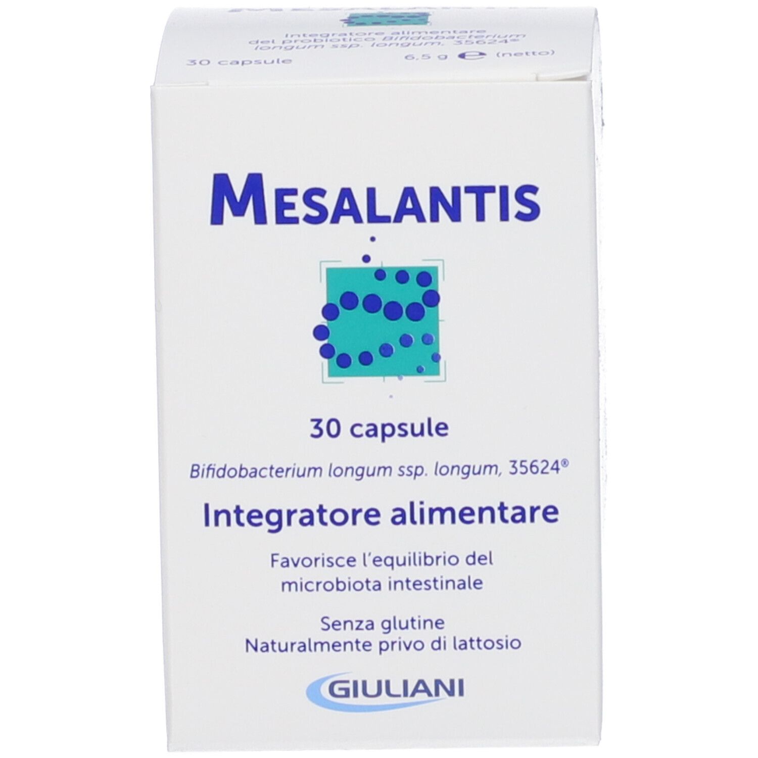 Scatola bianca Mesalantis, 30 capsule. Ingredienti e informazioni Giuliani. Punti blu.