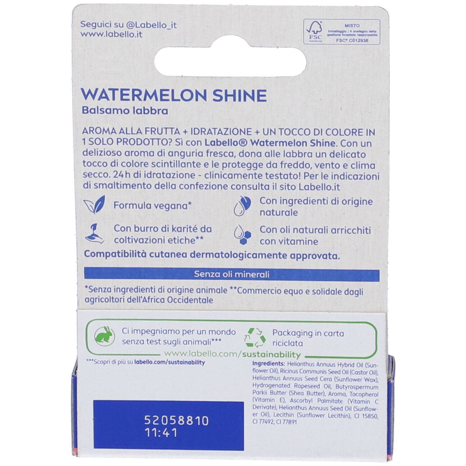 Retro della confezione del balsamo labbra Labello Watermelon Shine. Testo, ingredienti, informazioni sulla sostenibilità e logo.