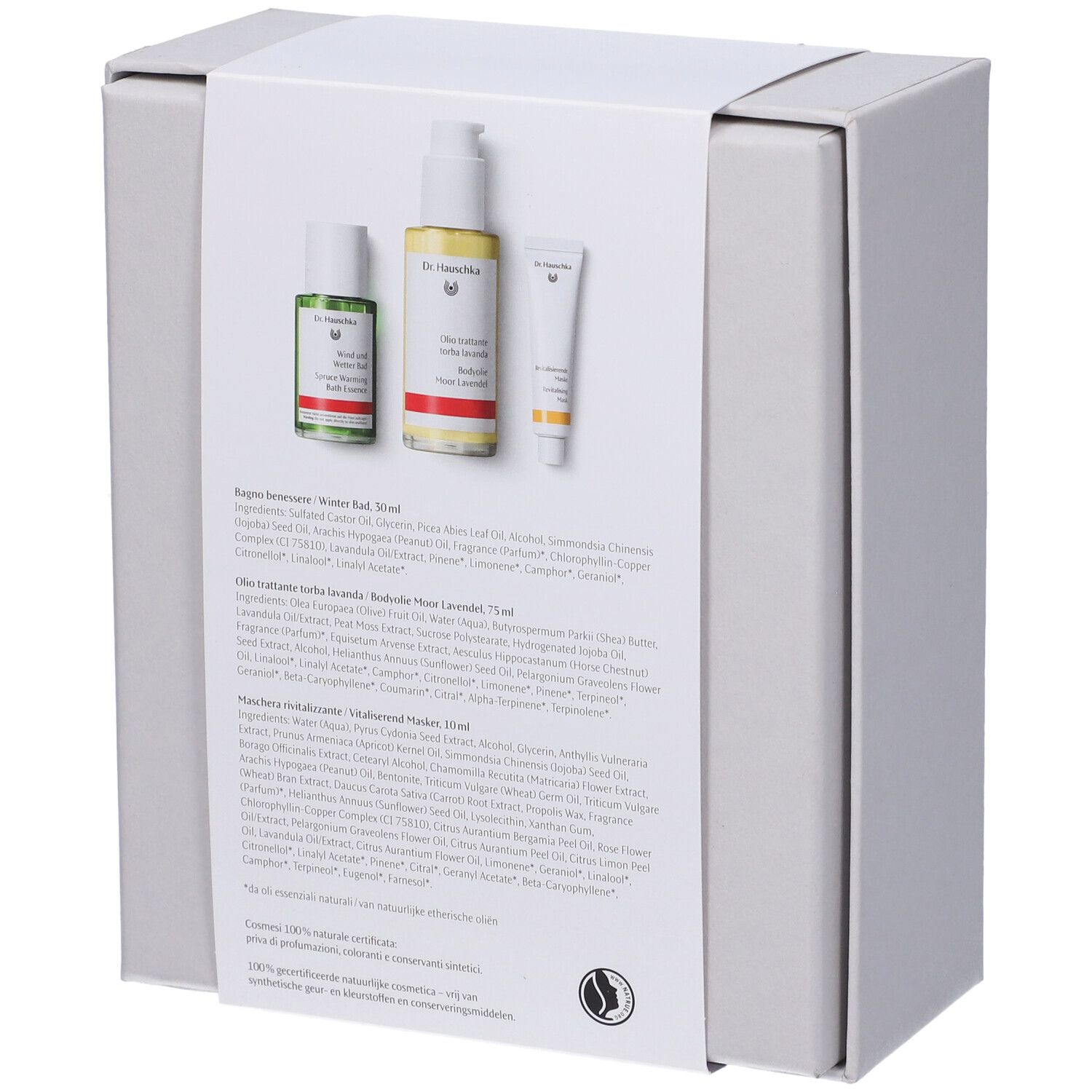 Retro della confezione regalo. Contiene tre prodotti: flaconi e tubetto. Testo con ingredienti e certificazione.
