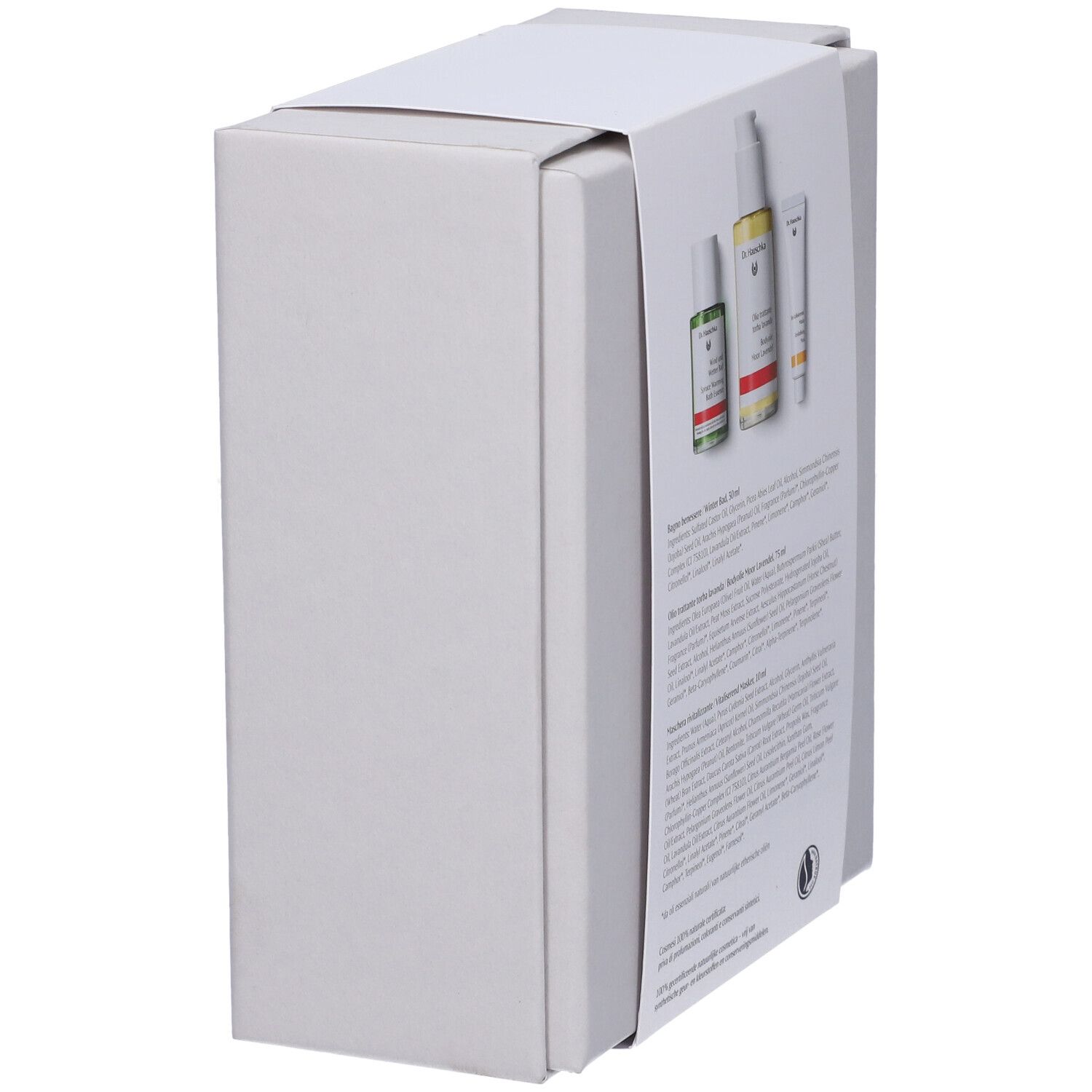 Scatola regalo, vista laterale. Tre prodotti visibili sul retro. Testo e certificazione.