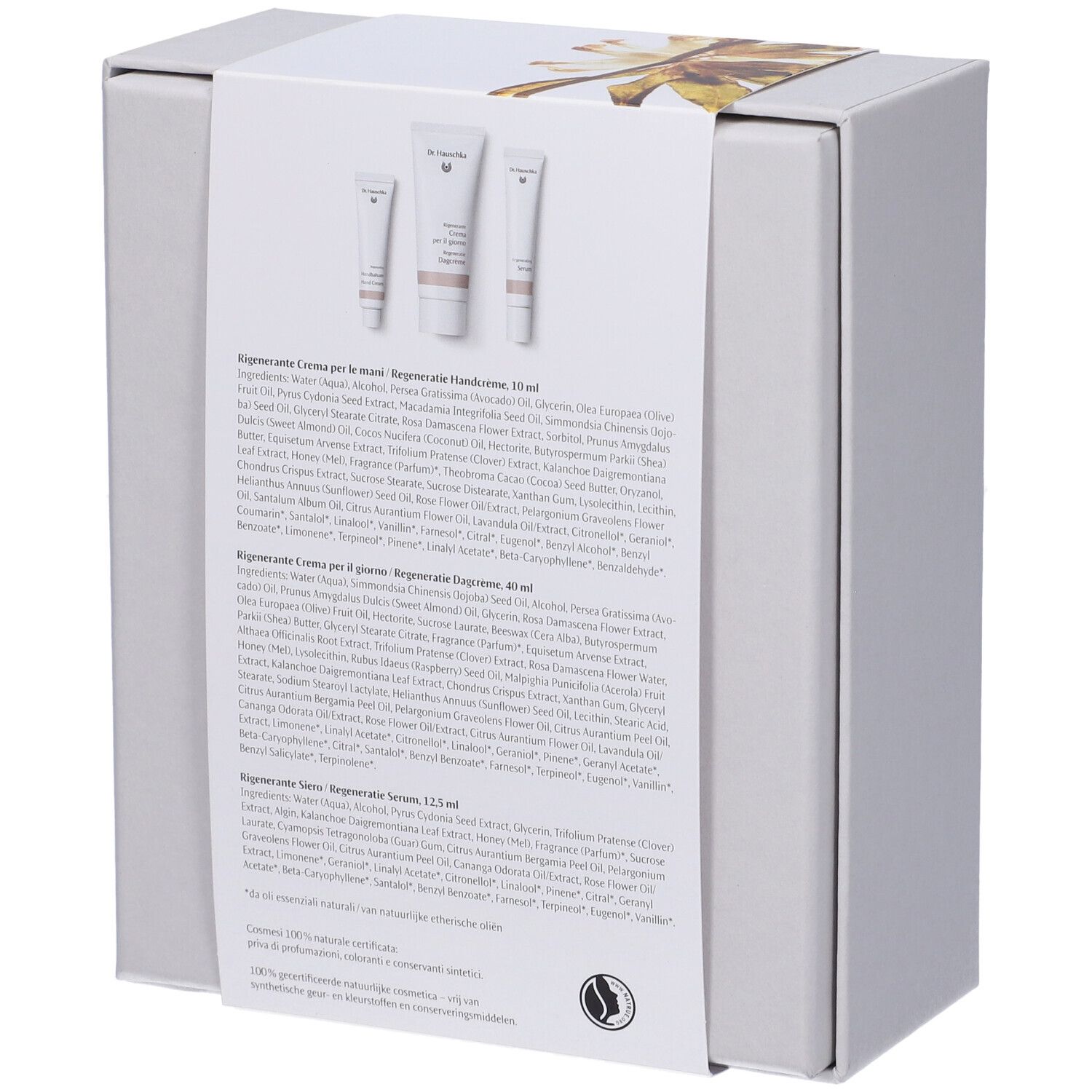 Retro della confezione regalo. Testo: ingredienti, crema mani, giorno, siero. Logo.