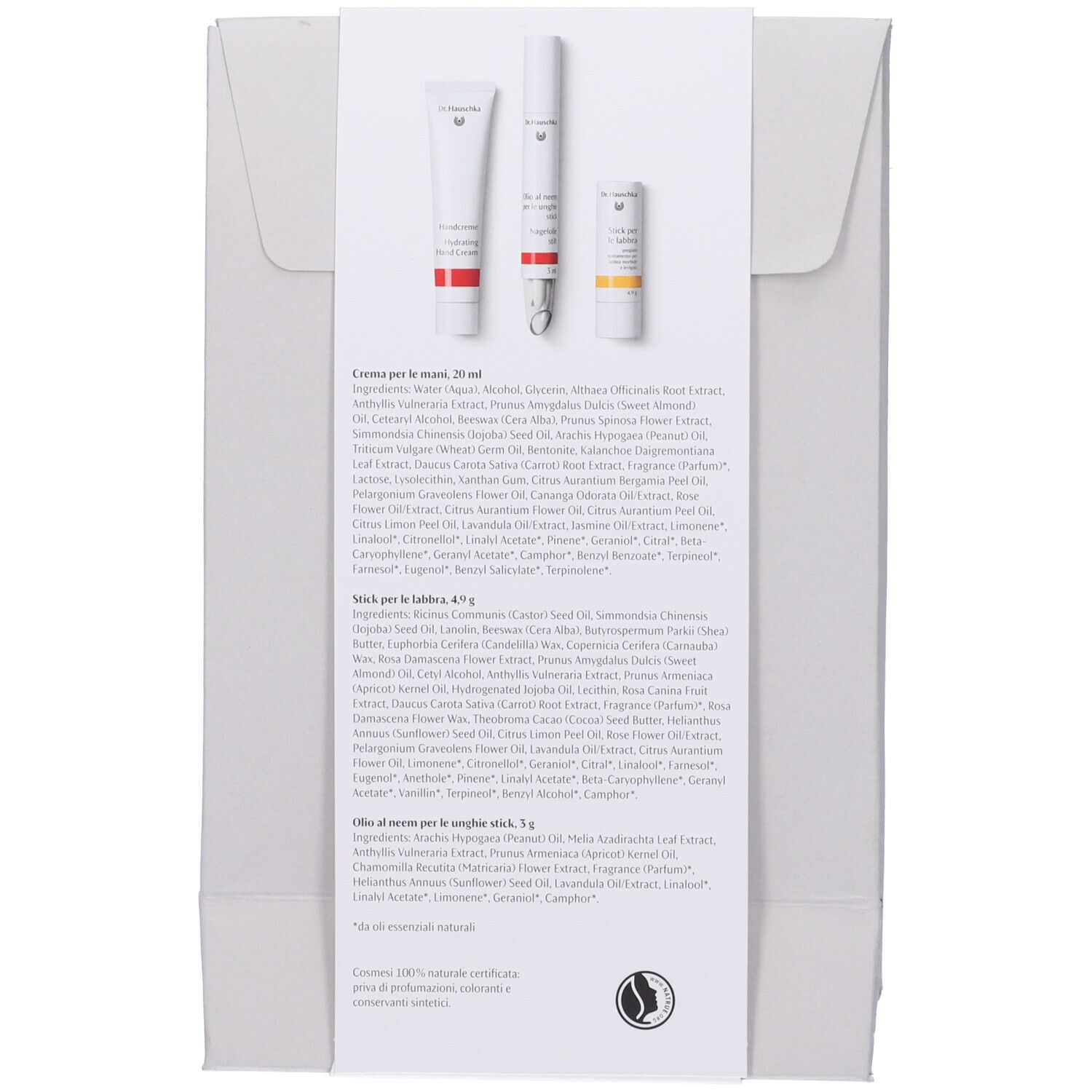 Retro della confezione regalo. Contiene descrizioni prodotti e ingredienti in italiano.