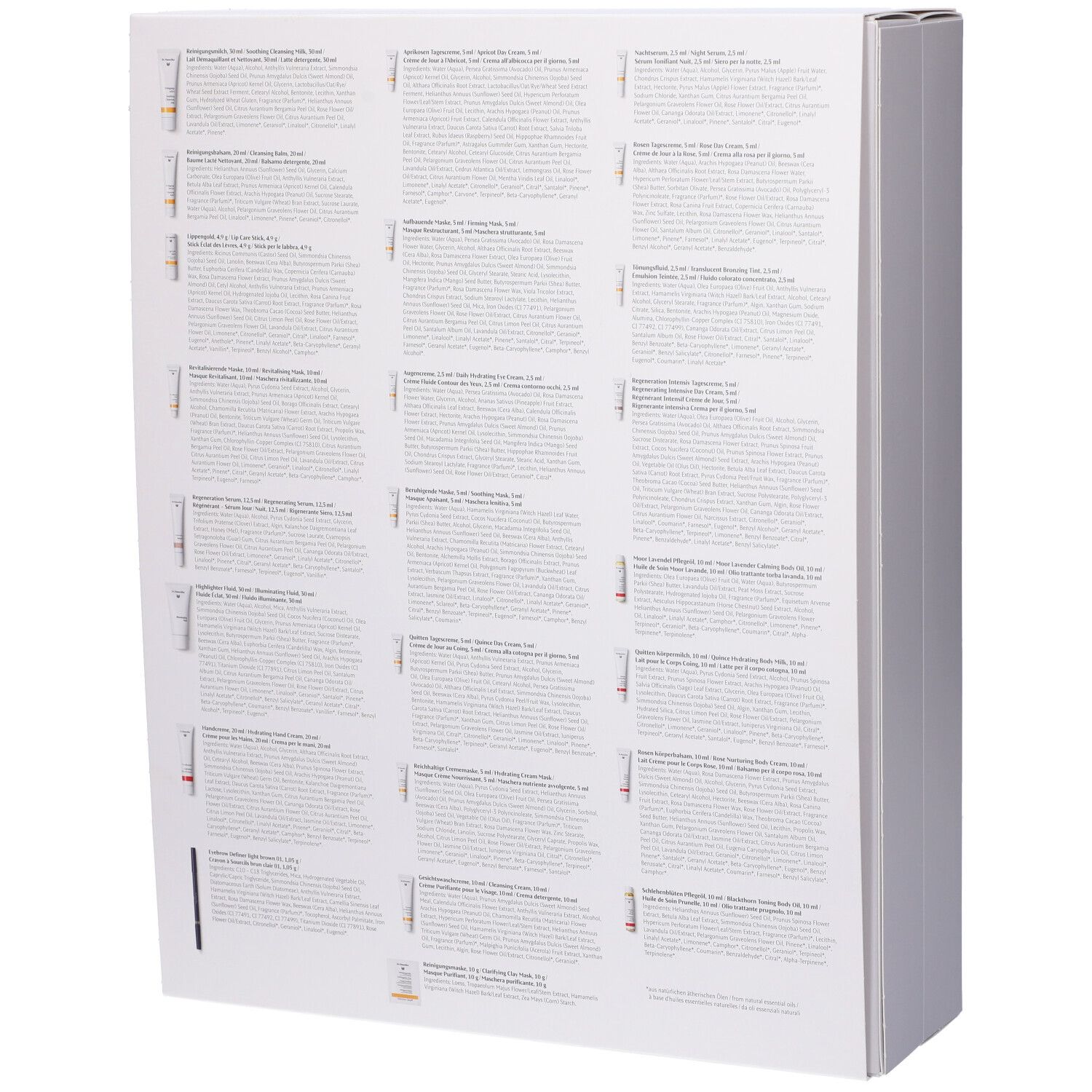 Retro di una scatola bianca con testo e immagini di prodotti. Contiene 24 prodotti.