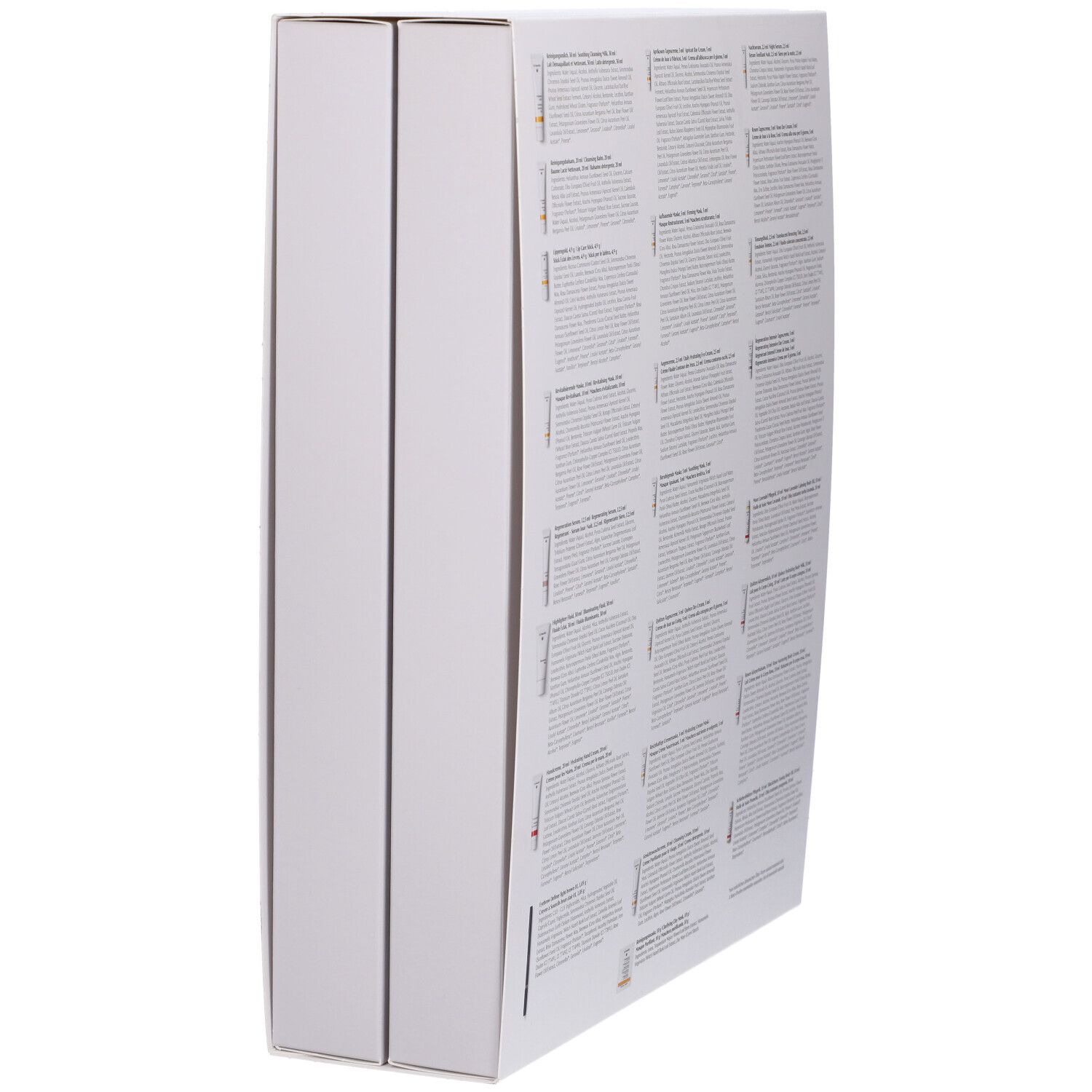 Scatola bianca aperta, con testo e immagini di prodotti. Contiene 24 prodotti.