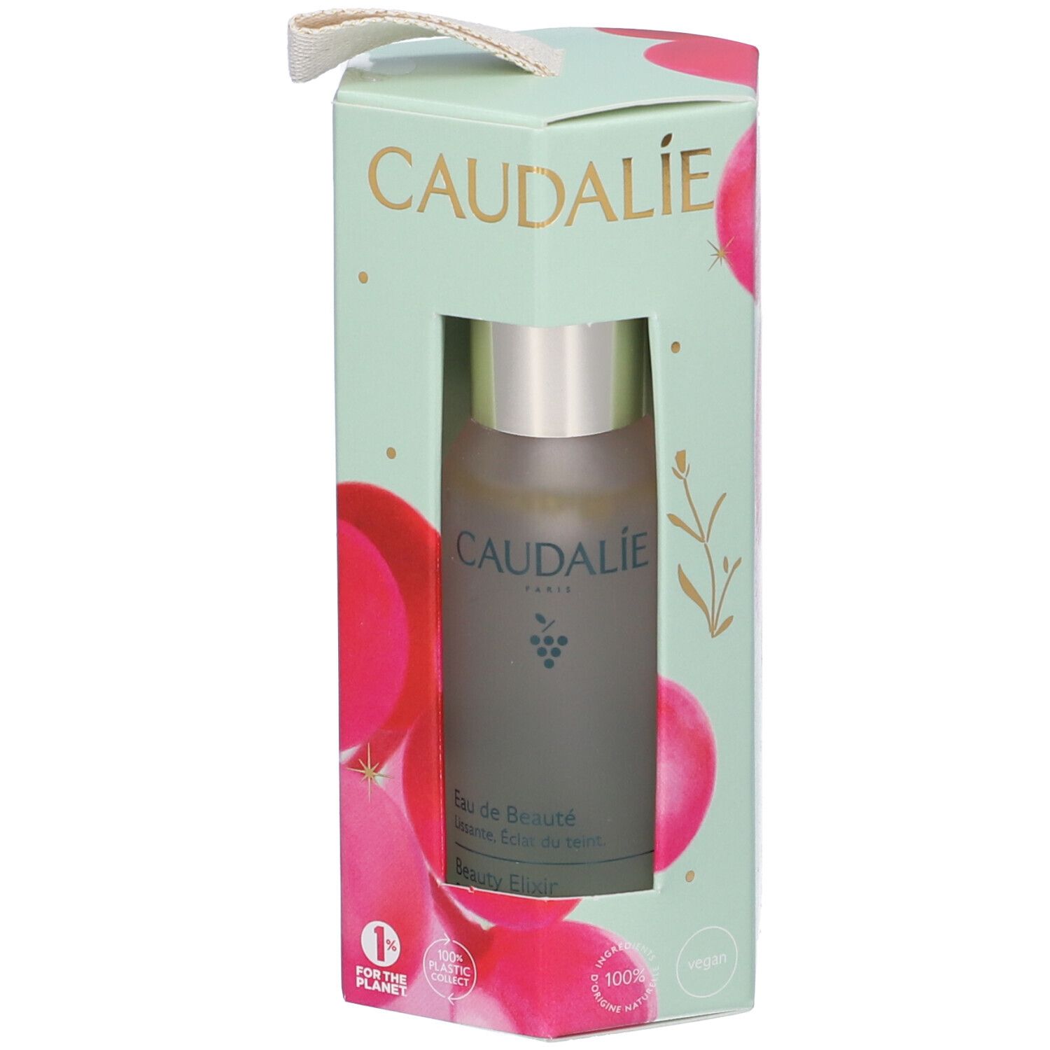 Caudalie Eau de Beauté in confezione regalo. Confezione verde menta con dettagli rosa. Bottiglia visibile.
