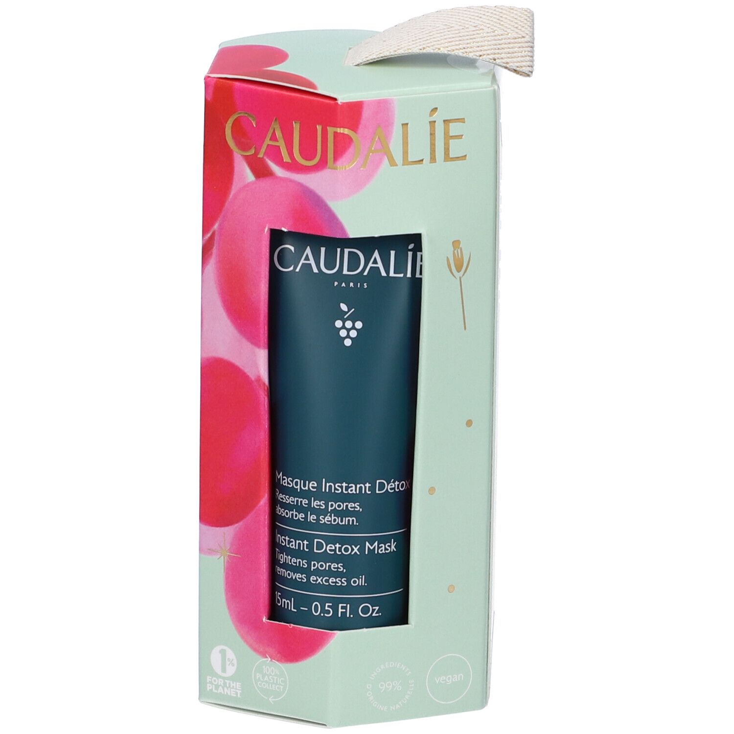 Maschera Instant Detox Caudalie in confezione regalo. Verde menta con dettagli rosa. Tubo visibile.