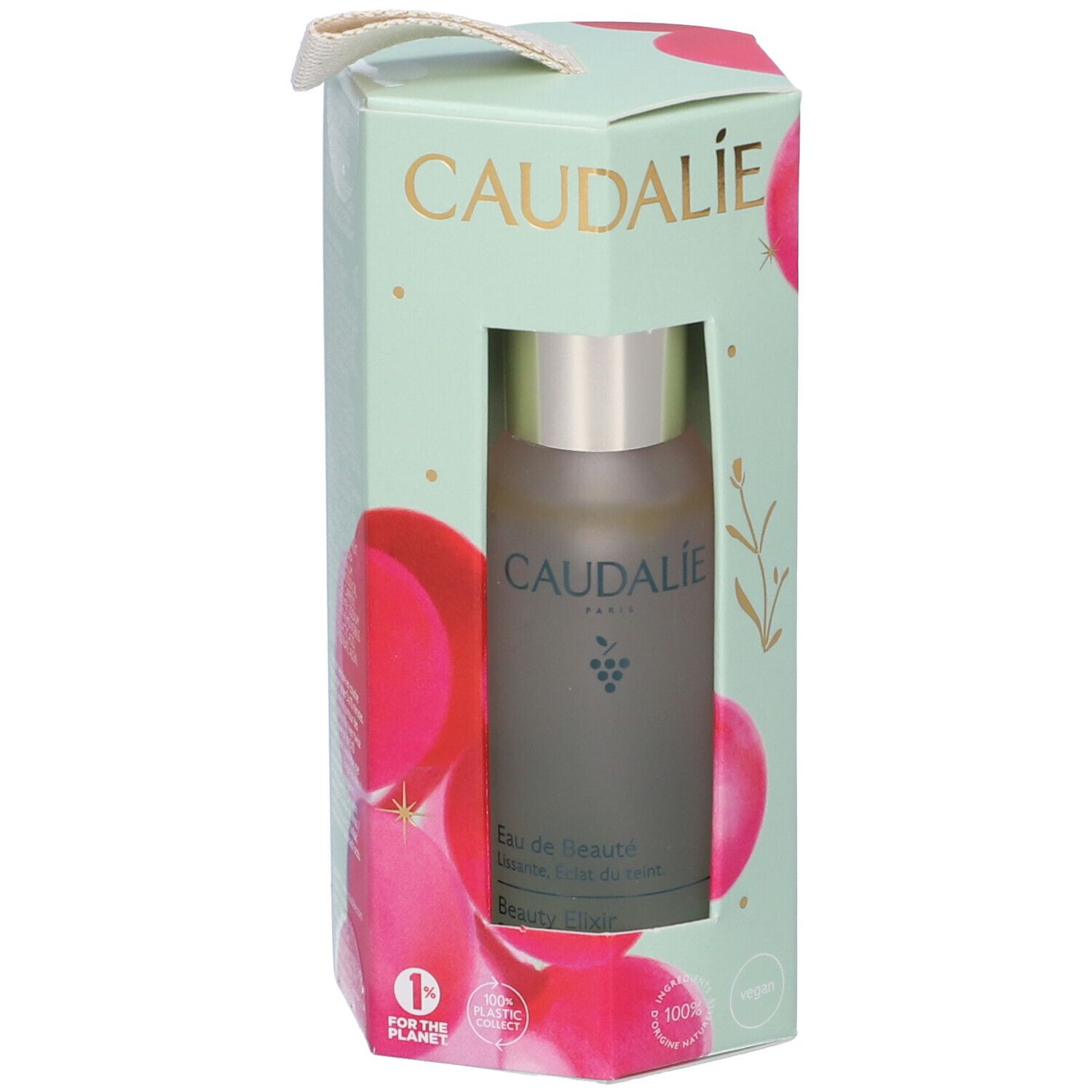 Caudalie Eau de Beauté in confezione regalo. Verde menta con dettagli rosa. Bottiglia visibile.