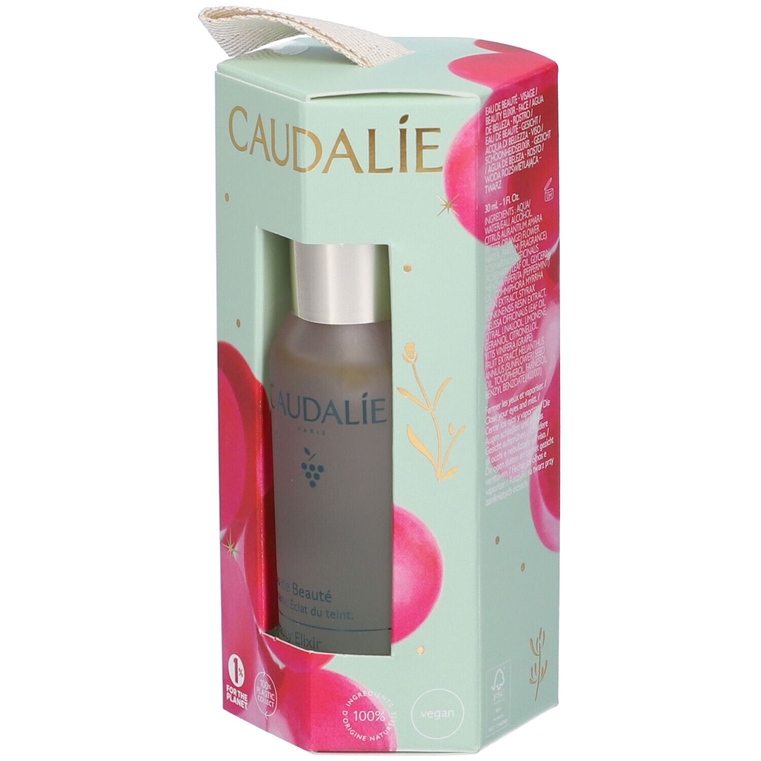 Caudalie Eau de Beauté in confezione regalo. Verde menta con dettagli rosa. Bottiglia visibile.